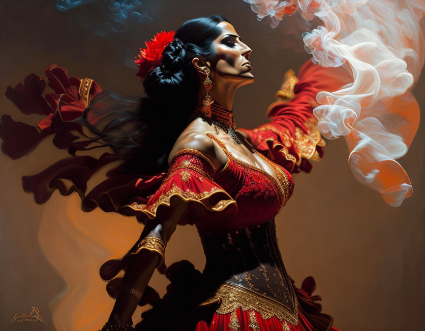 Woman in red flamenco dress with flower in hair striking dramatic pose amid swirling smoke