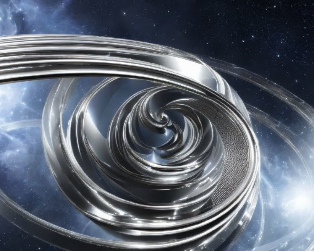 Futuristic metallic spiral structures in space scene