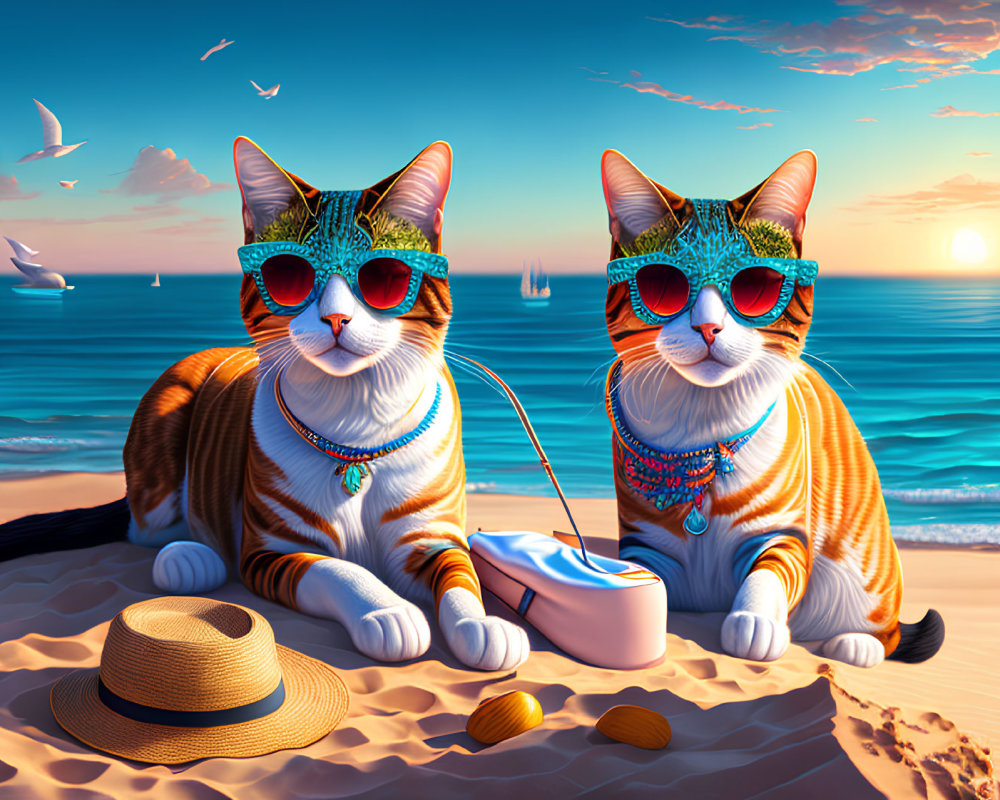 Colorful Cartoon Cats with Sunglasses Fishing on Beach