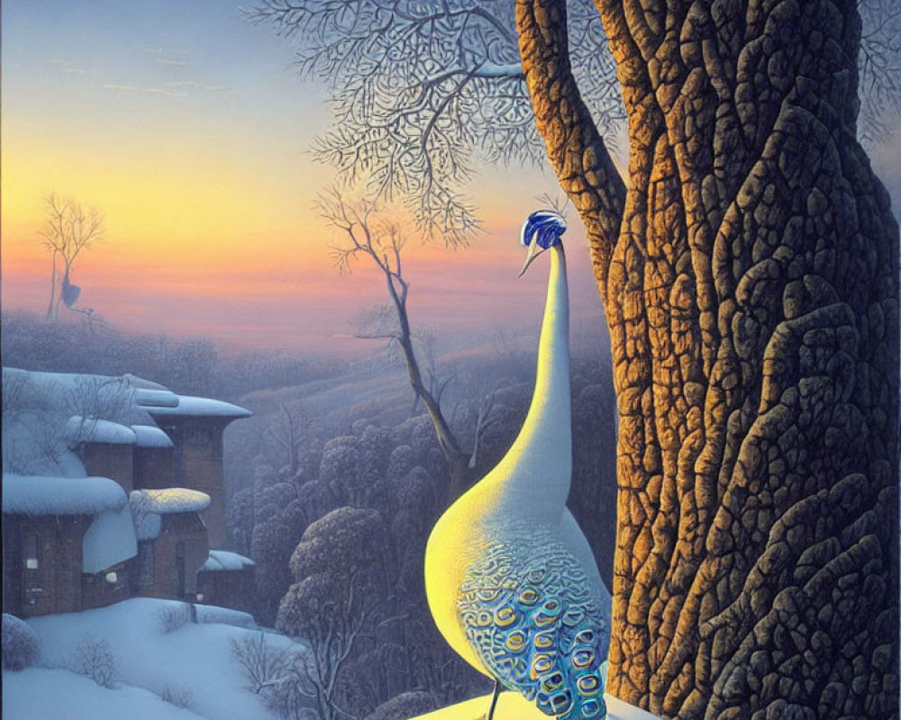 Colorful peacock in snowy landscape with cottages and dawn sky