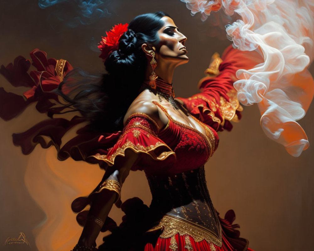 Woman in red flamenco dress with flower in hair striking dramatic pose amid swirling smoke