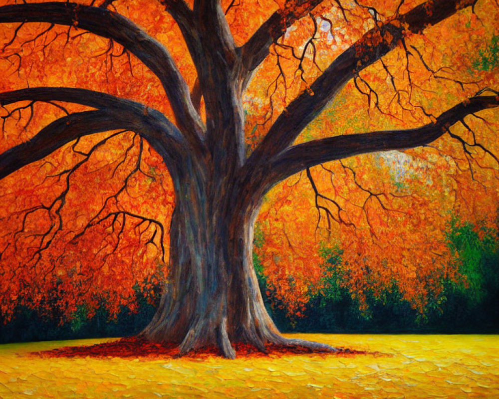 Large tree painting with bright orange autumn leaves and fallen foliage