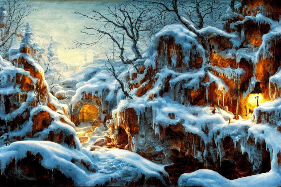 Snowy landscape at dusk with lantern-lit path through ice-covered cliffs and frosted trees