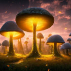 Enchanted forest scene with glowing mushrooms and sunset glow