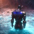 Glossy Purple Humanoid Robot in Alien Landscape with Bioluminescent Elements