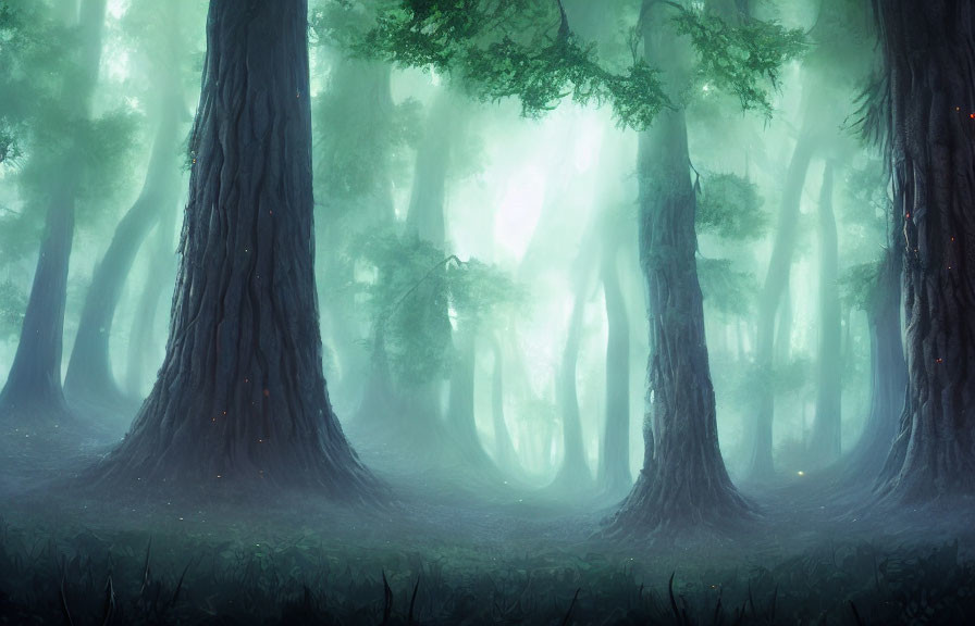 Enchanting foggy forest with tall trees, green glow, and red lights.