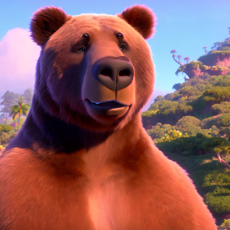 Smiling brown bear in 3D with green forest background