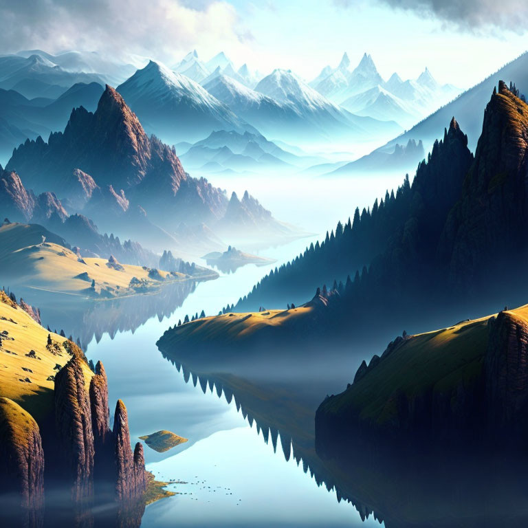 Mountain River Landscape with Reflective Surface and Pine Trees