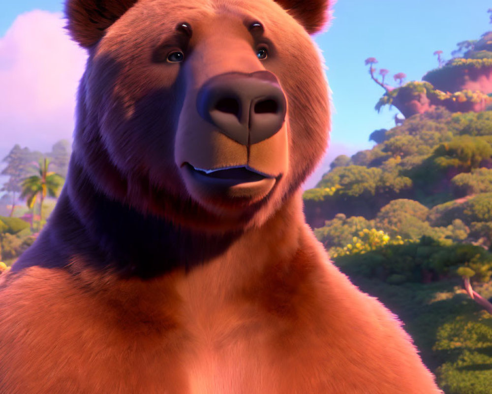 Smiling brown bear in 3D with green forest background