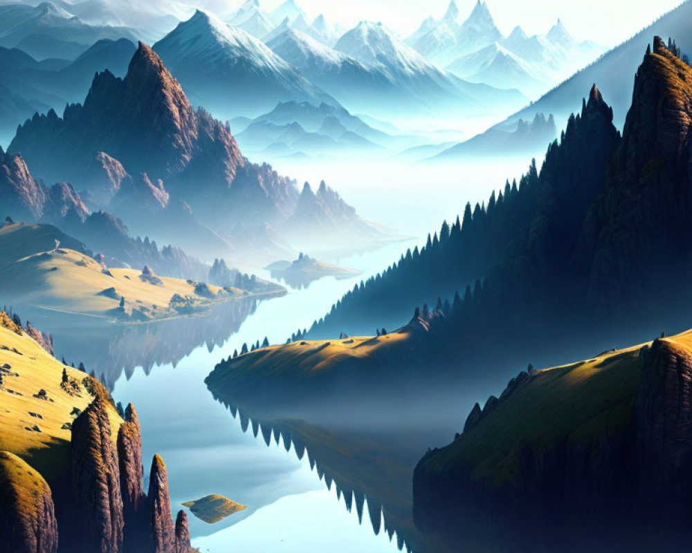 Mountain River Landscape with Reflective Surface and Pine Trees