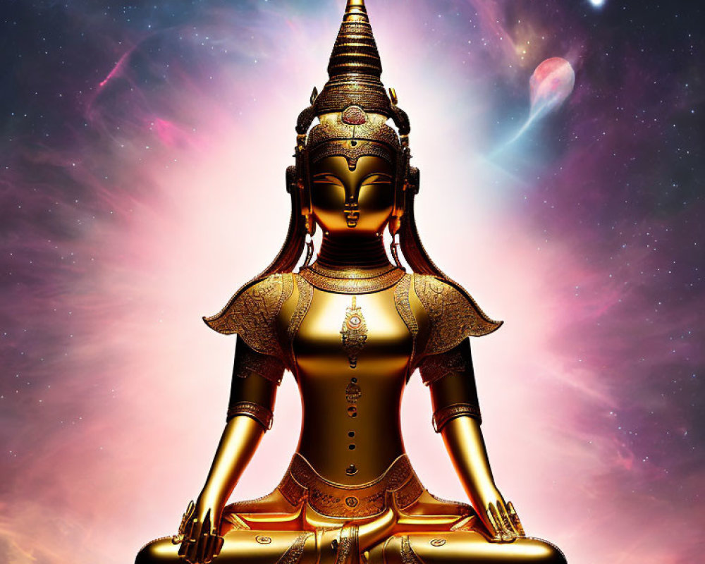 Golden Buddha Statue in Meditative Pose with Celestial Background