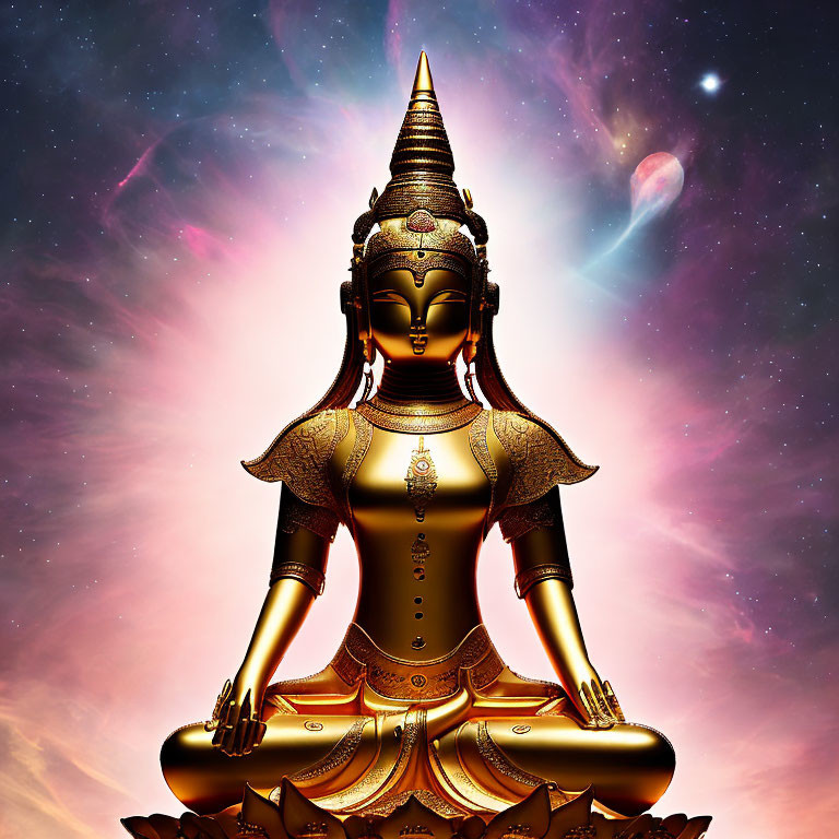 Golden Buddha Statue in Meditative Pose with Celestial Background