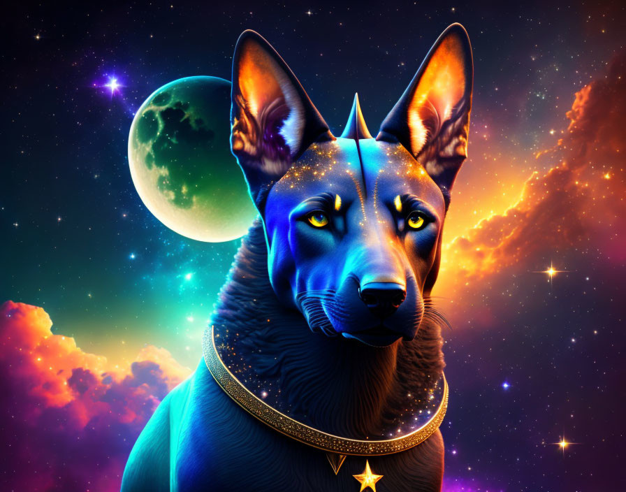 Colorful cosmic scene with dog and moon