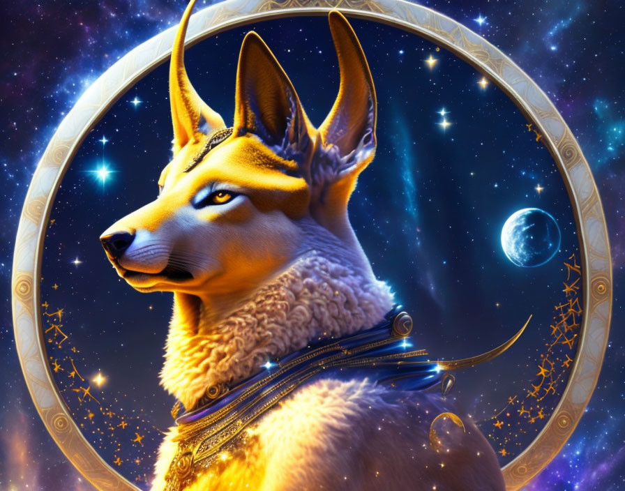 Animated golden fox with blue eyes and jewelry under starry sky.