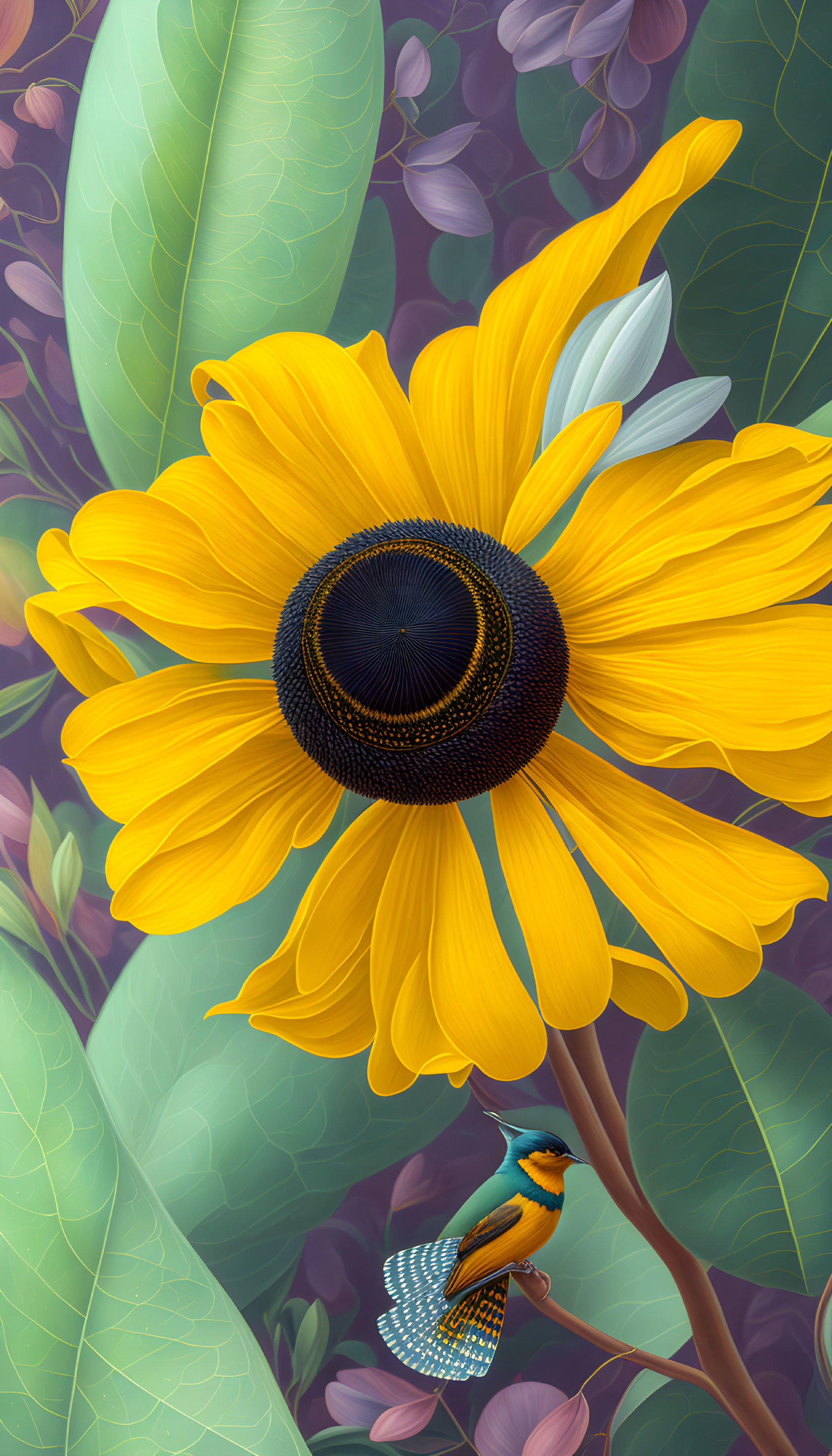 Detailed digital illustration of a yellow sunflower with a colorful bird.