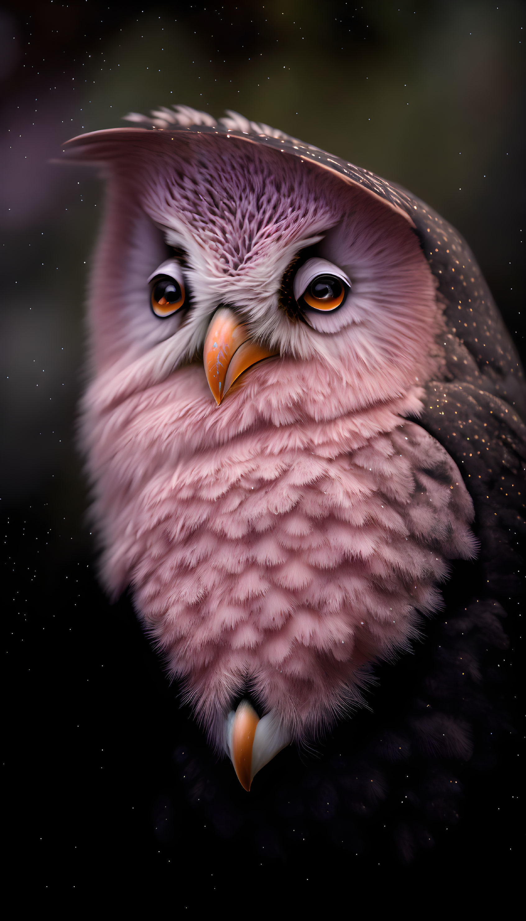 Pink-hued owl with orange eyes and sharp beak on dark background