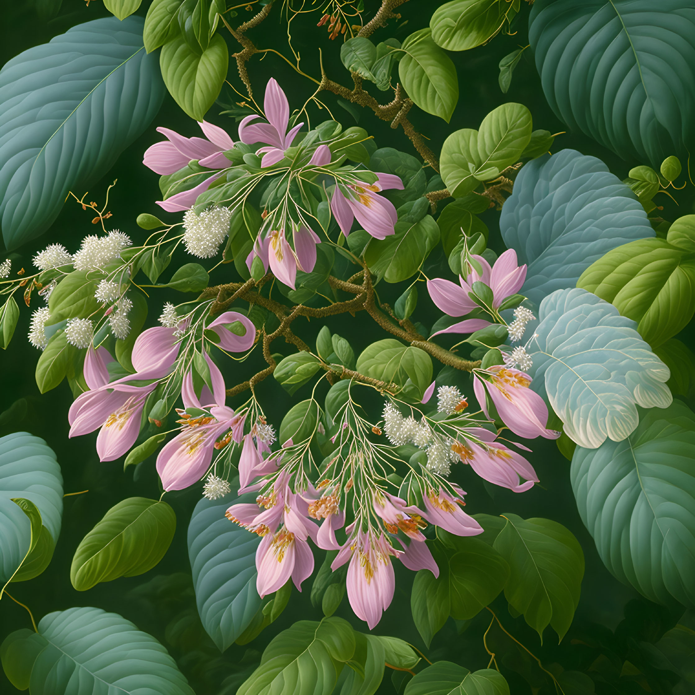 Detailed Painting of Pink Flowers with Yellow Centers on Green Leaves