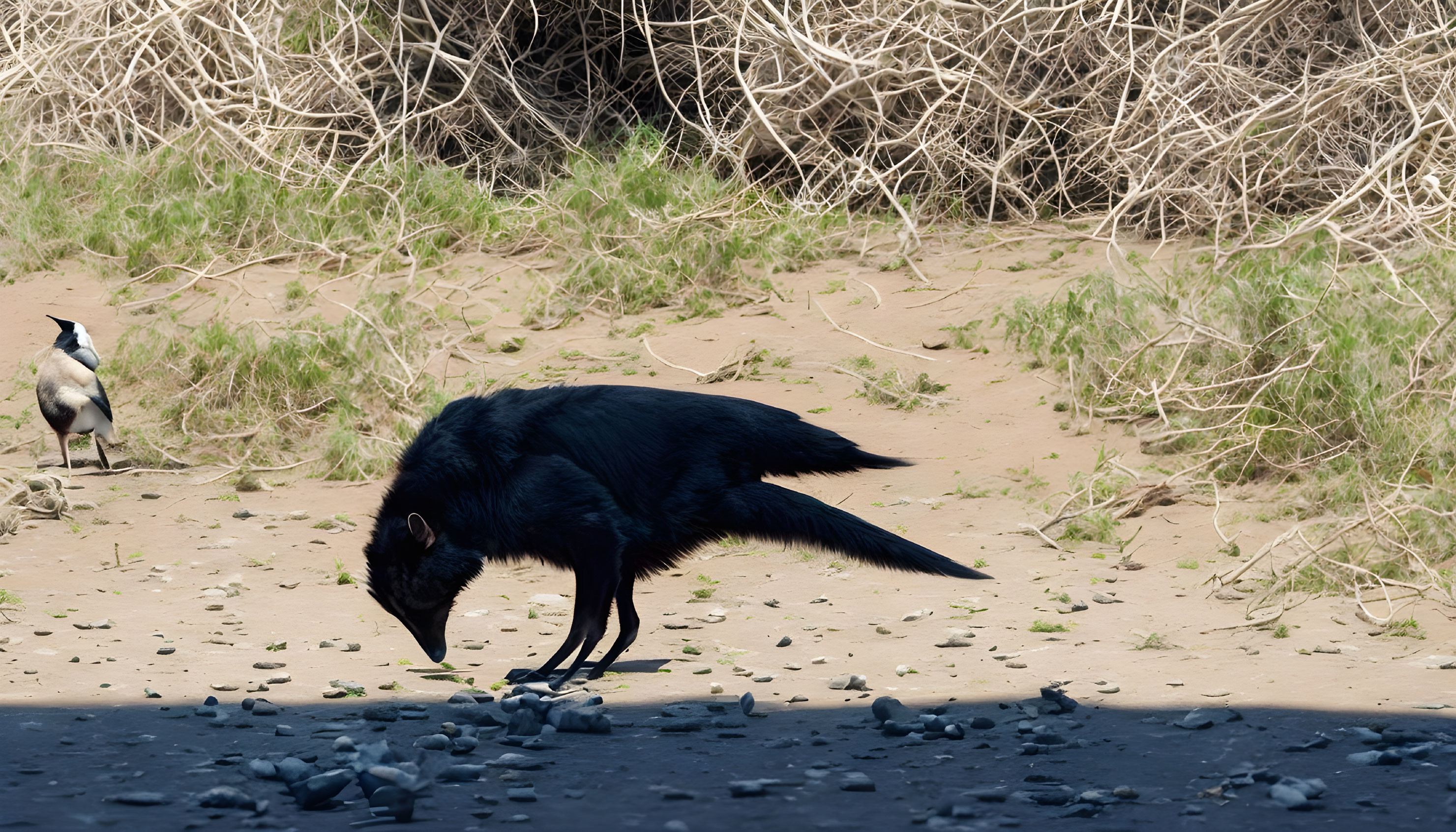 Black Raven Foraging with Quizzical Bird in Dry Grasses