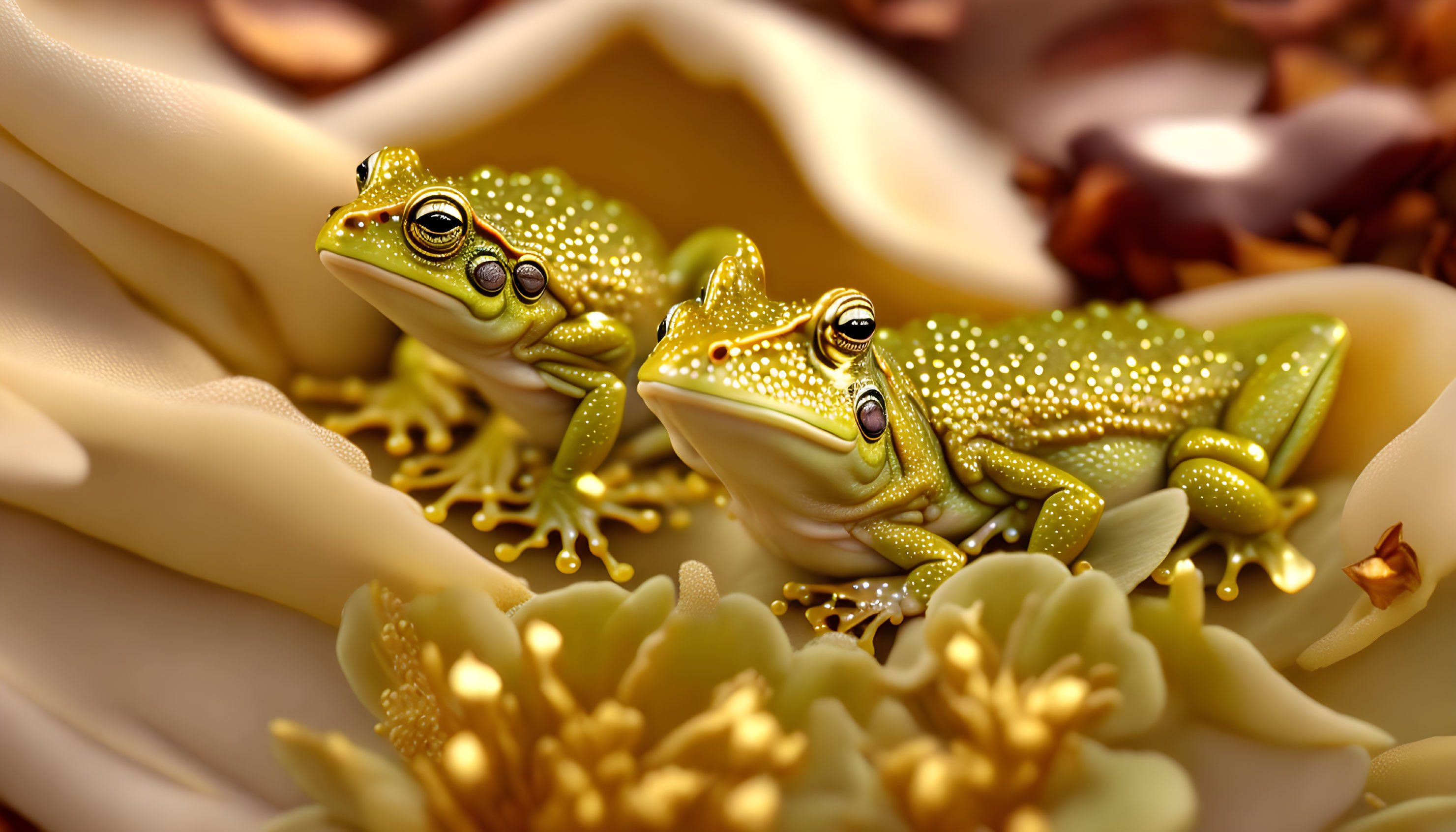 Vibrant green frogs on rose petals with golden floral accents