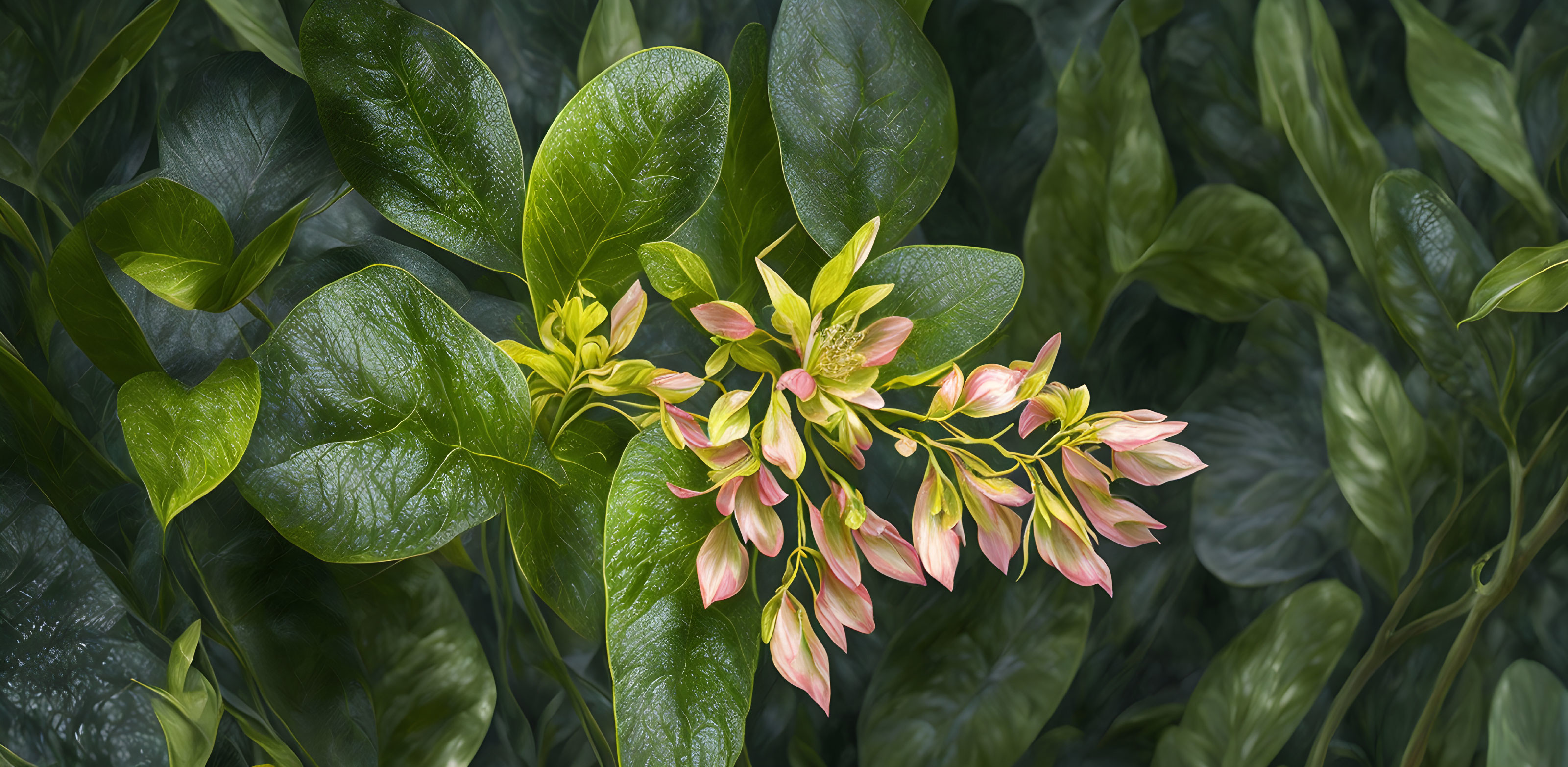 Yellow and Pink Blossoms with Dark Green Leaves