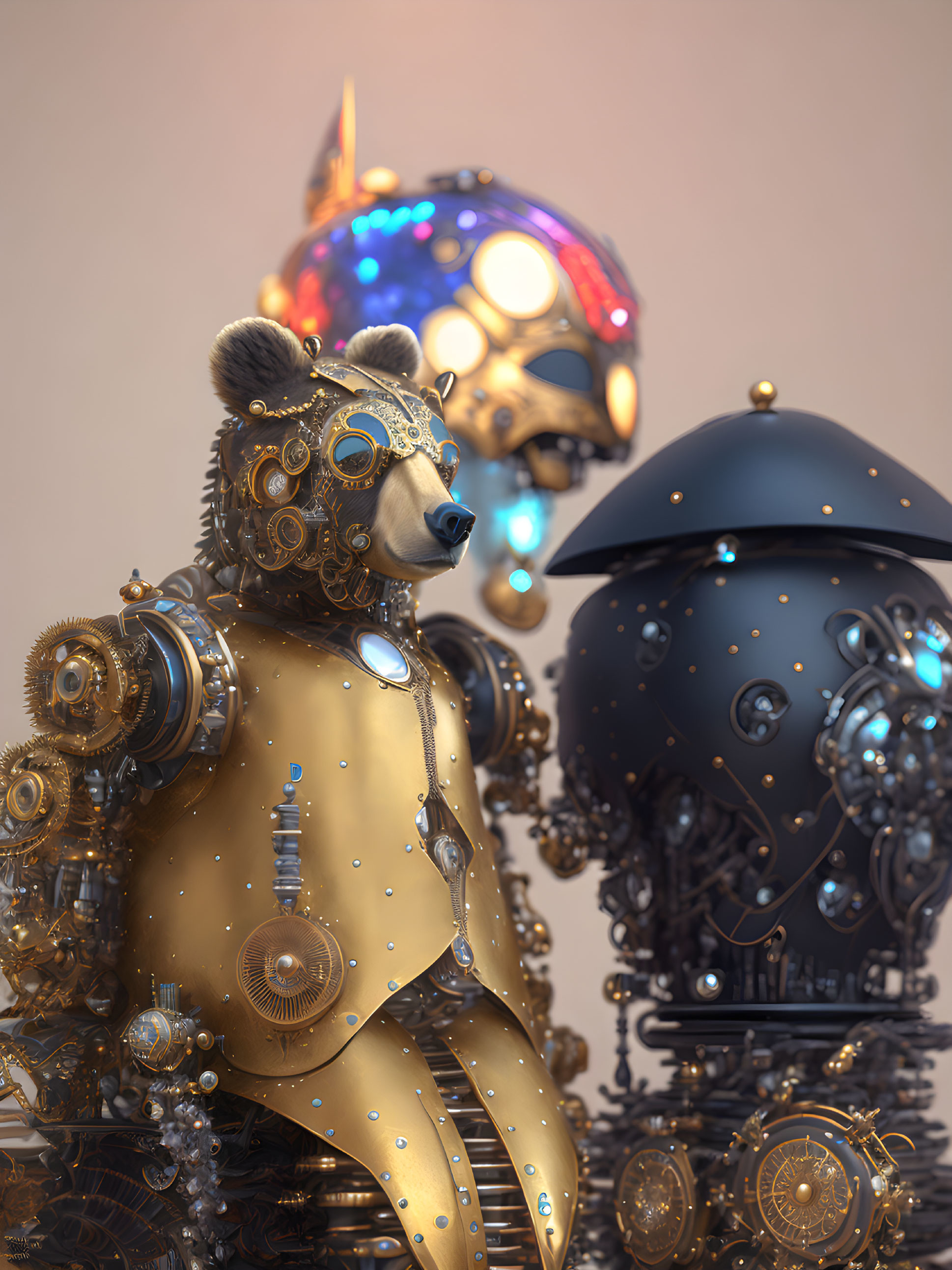 Detailed humanoid robot in ornate golden armor with bear-like features