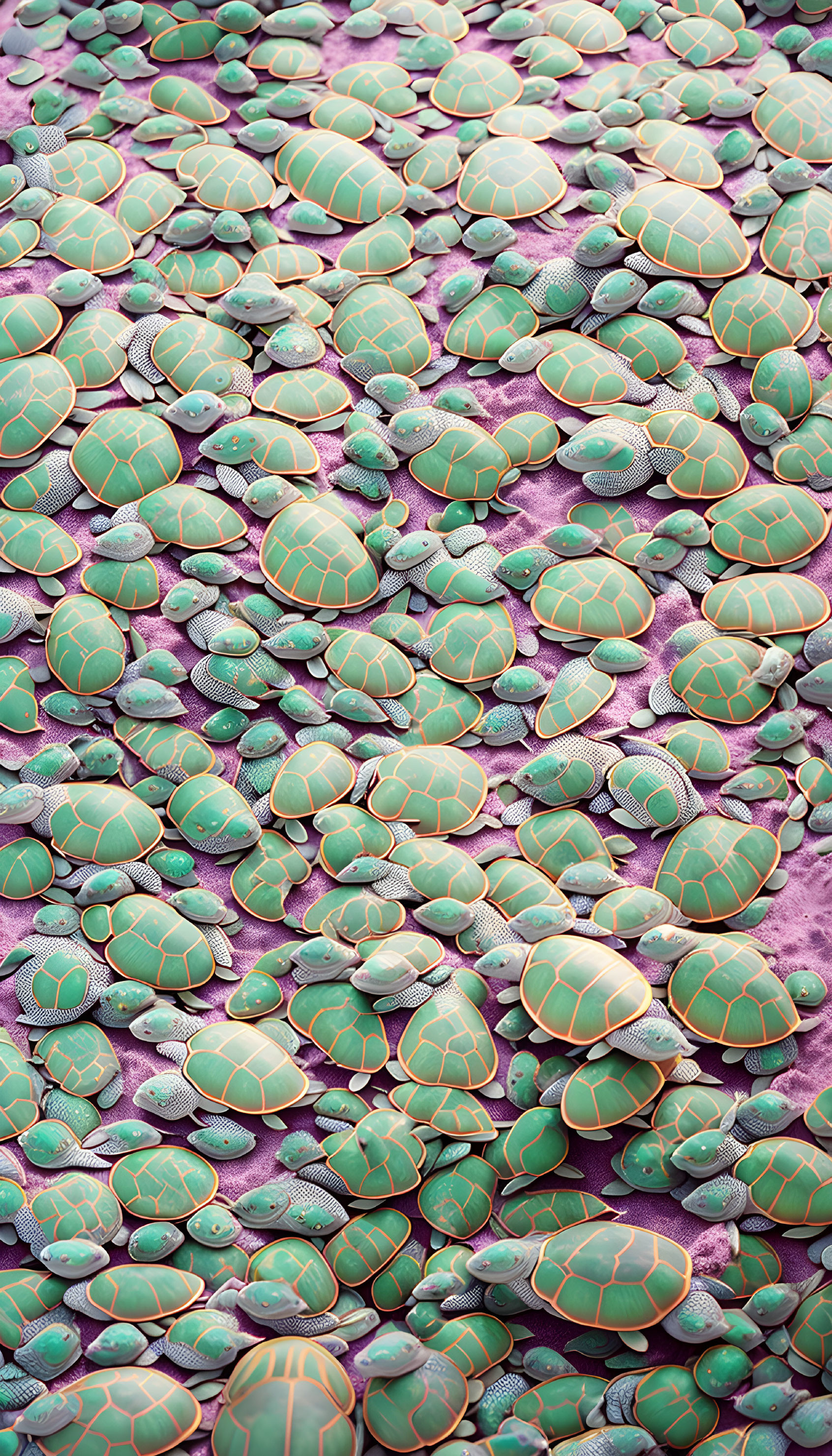 Cluster of Small Green and Orange Toy Turtles on Purple Surface