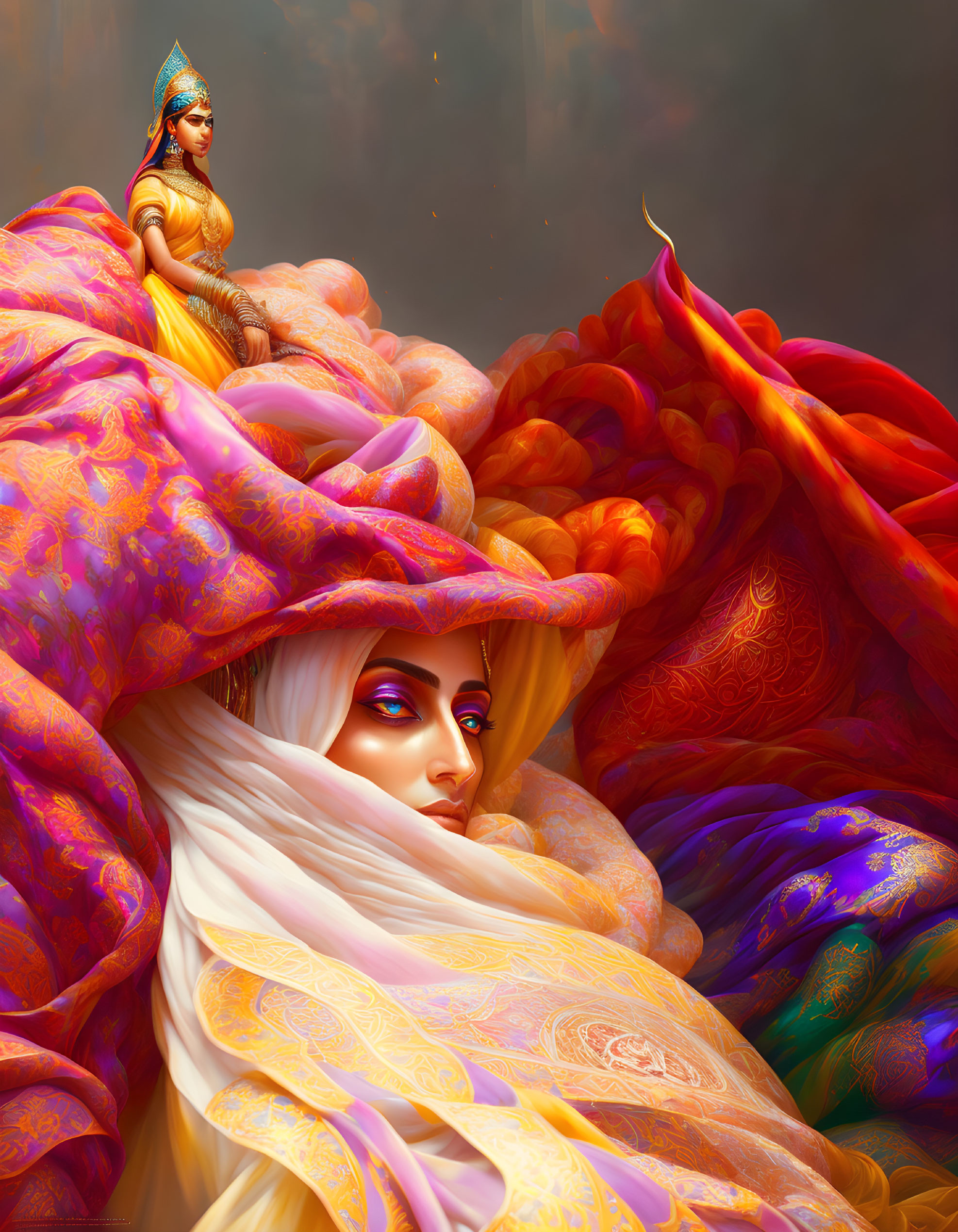 Colorful digital artwork featuring woman in patterned fabric with traditional figure