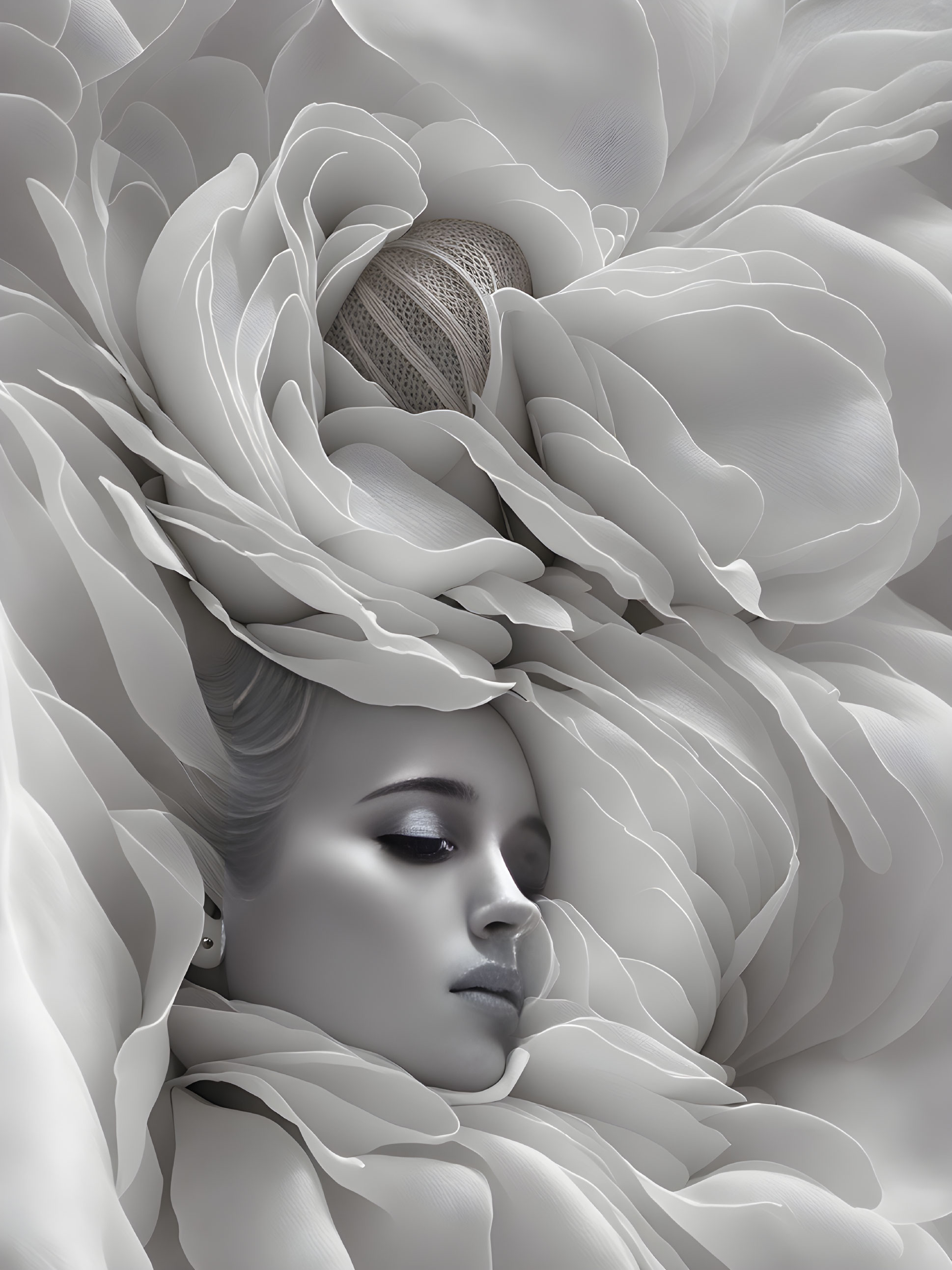 Grayscale portrait of a woman merged with a detailed peony flower