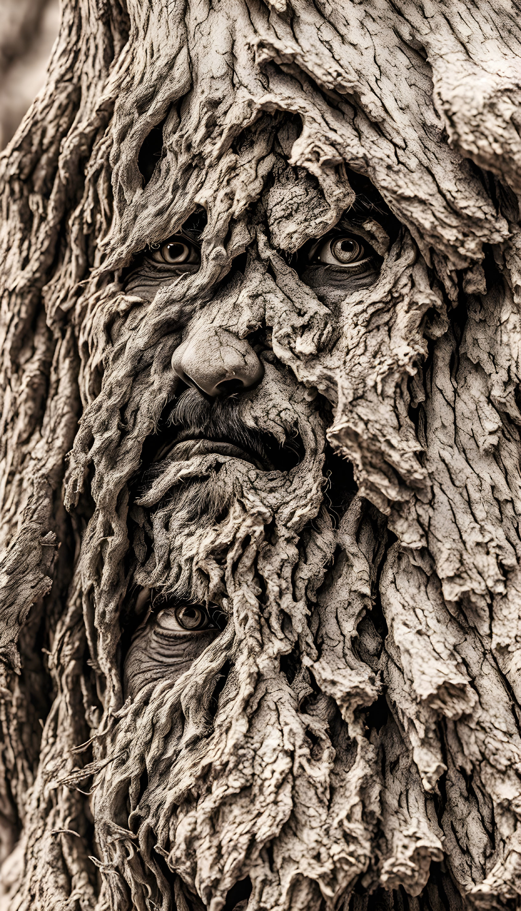 Detailed artwork: Face camouflaged in tree bark with textured layers and captivating eyes.