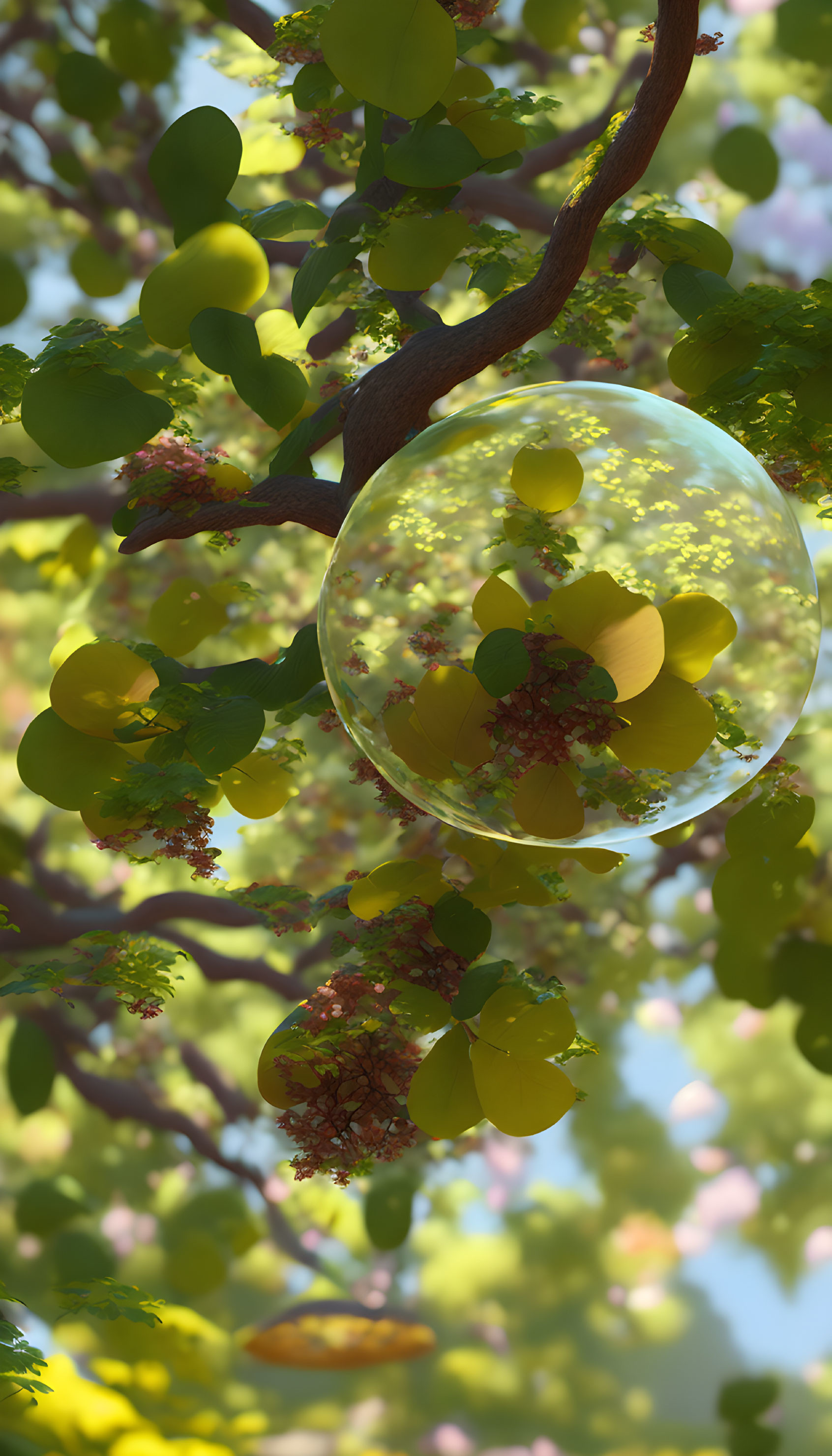 Translucent bubble among green leaves and dappled sunlight in a tree