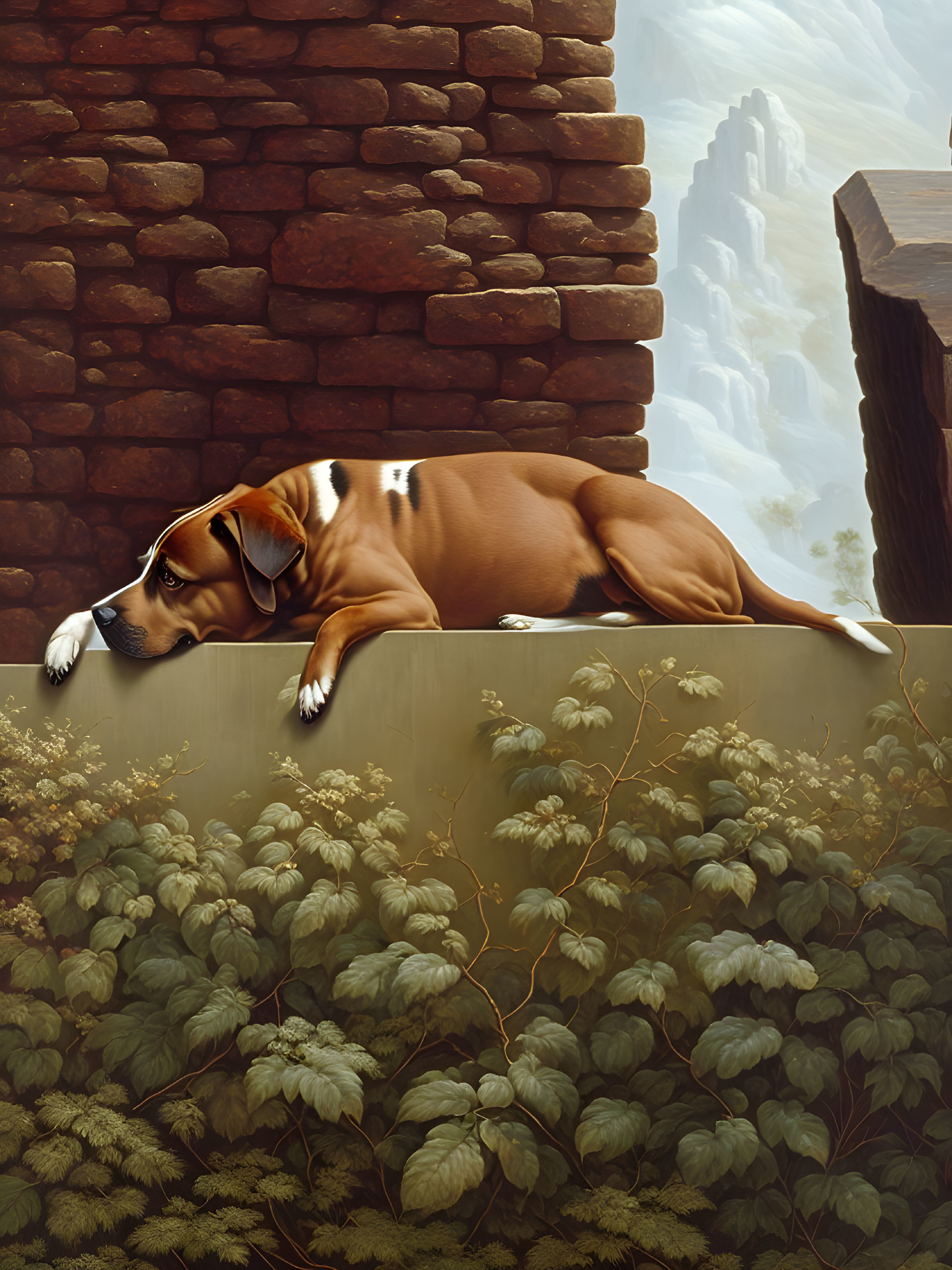 Brown and White Dog Resting on Ledge with Foliage, Brick Wall, and Misty