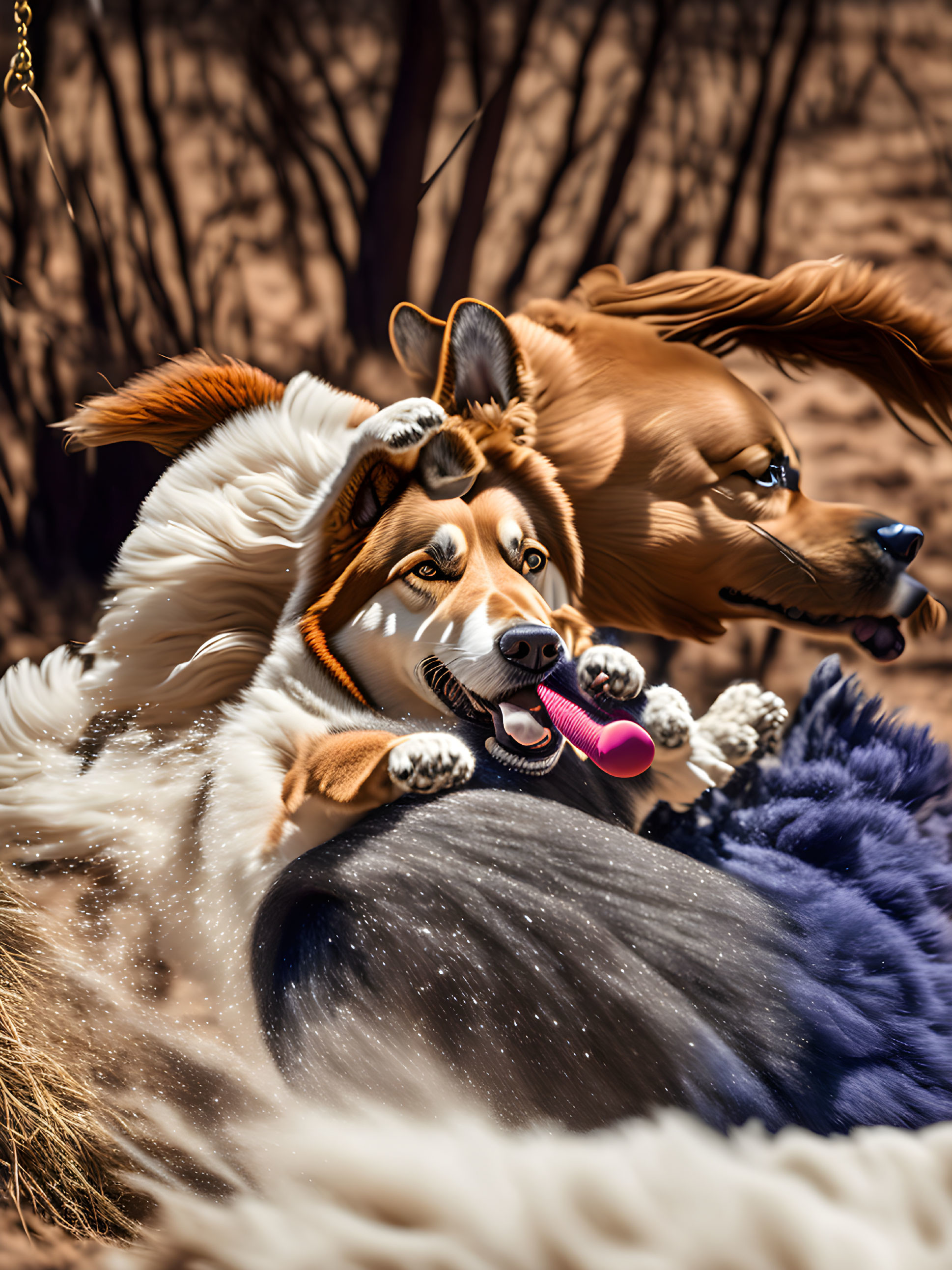 Two playful dogs with pink toy, frolicking in sandy area