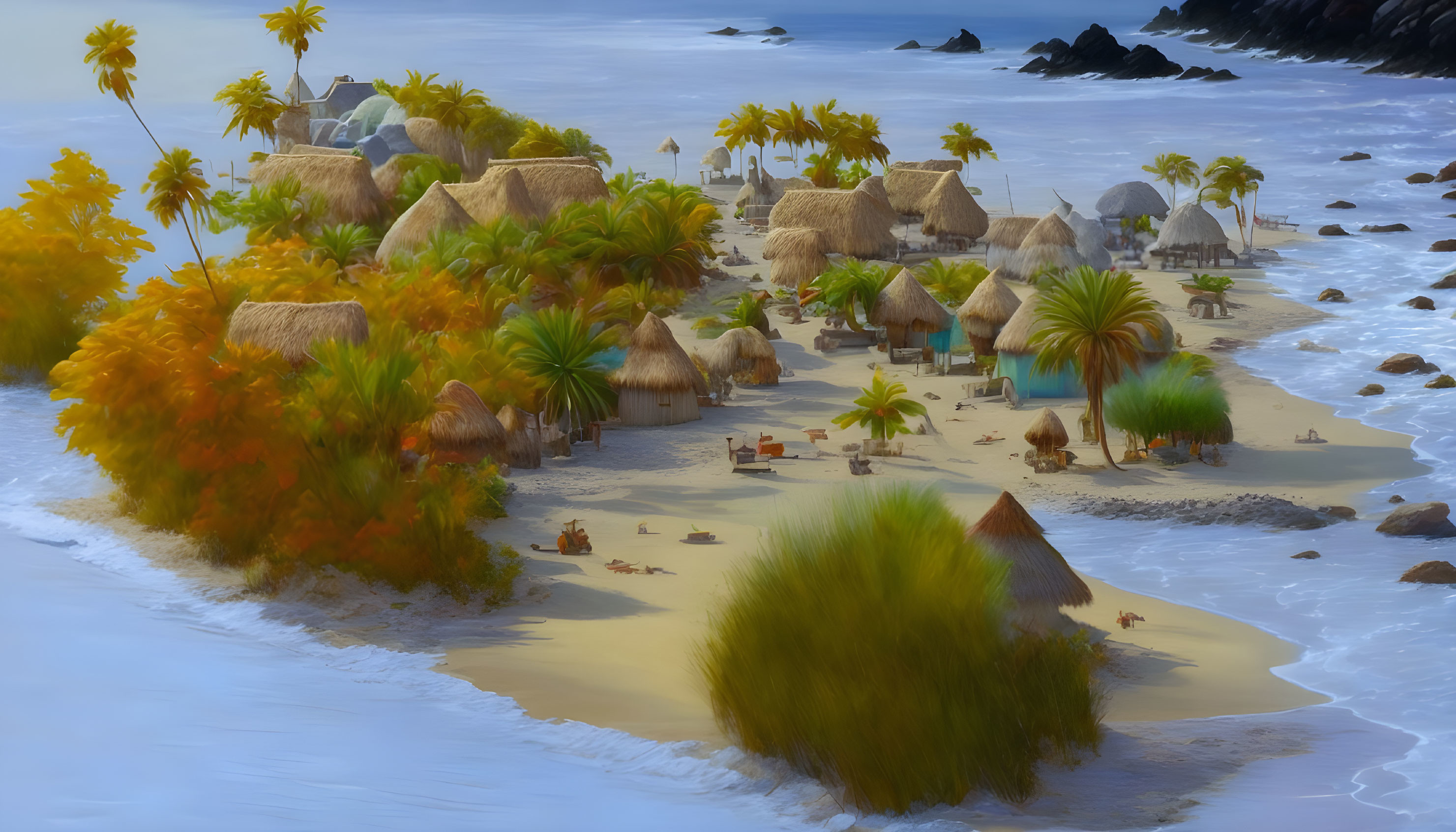 Tropical beach with palm trees, huts, and relaxing people