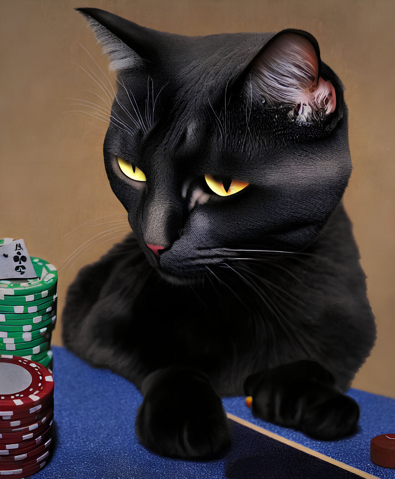 Black cat with yellow eyes at poker table with chips and cards.