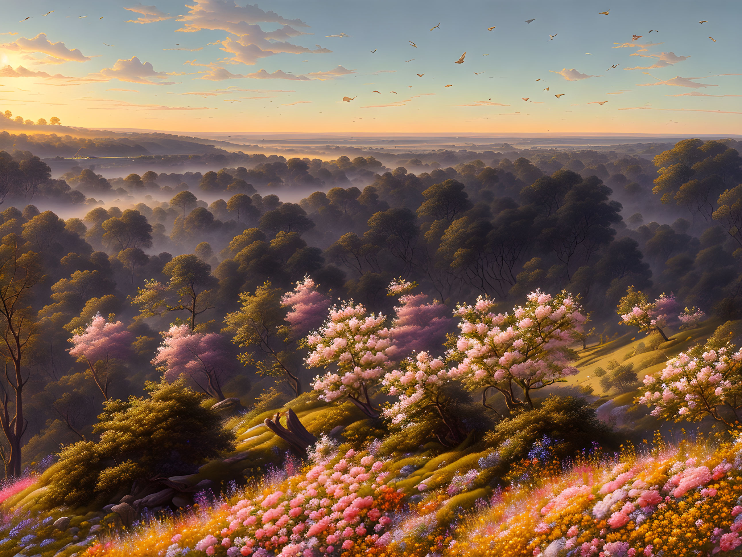 Tranquil sunrise landscape with blooming trees, misty forest, and birds in golden sky