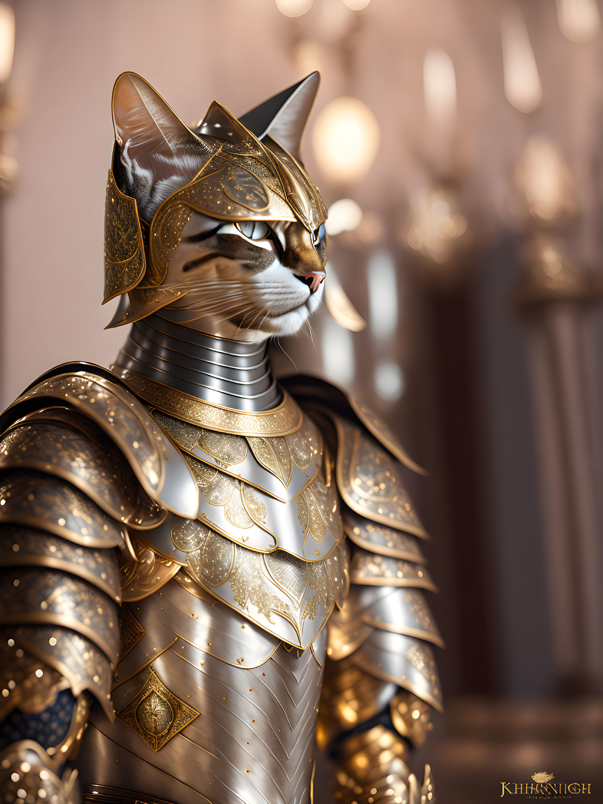 Golden medieval armor-clad cat in ornate design and helmet.