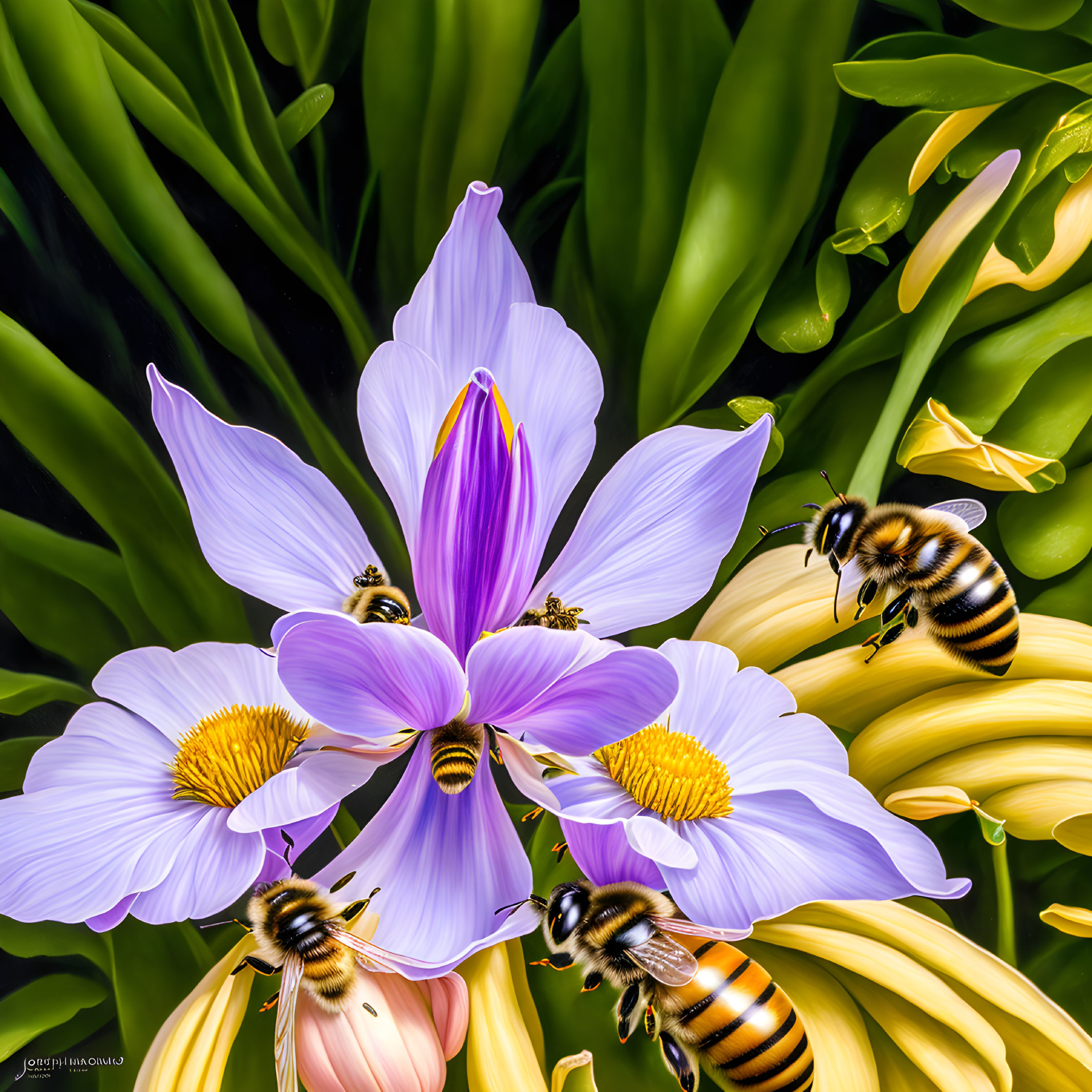 Vibrant image of three bees near purple flower with yellow center