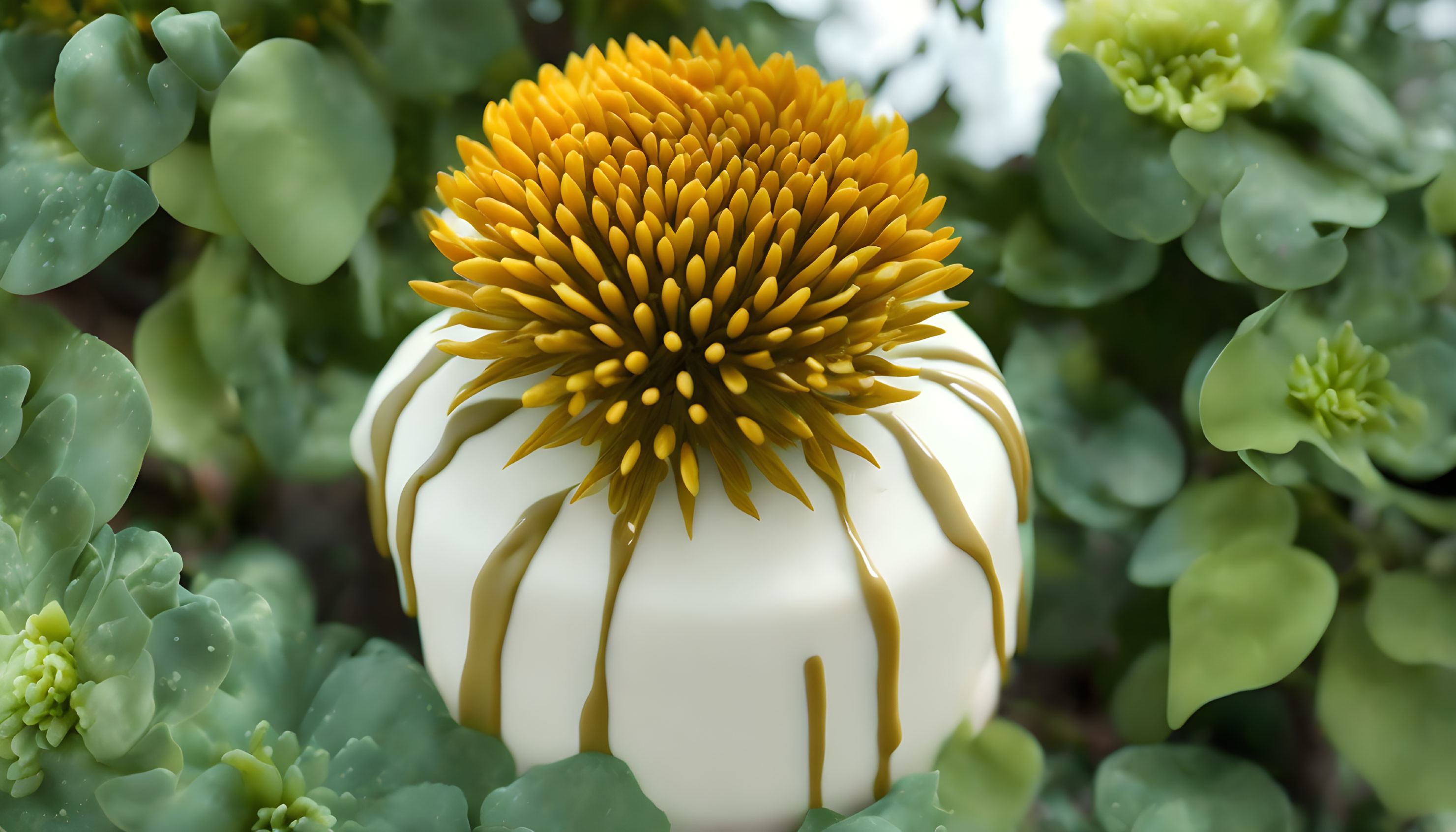 Yellow and White Flower Fondant Cake with Green Foliage