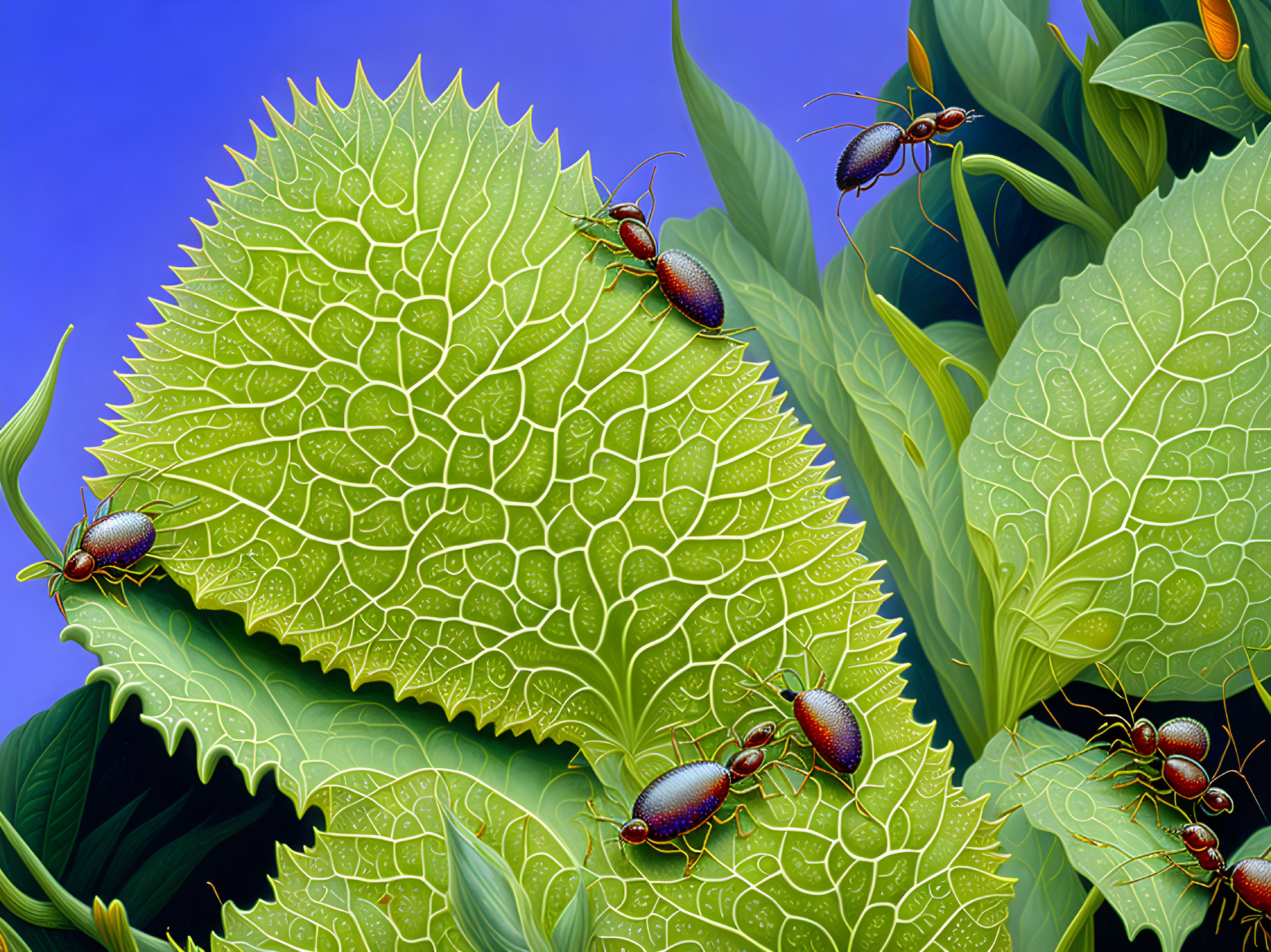 Colorful Beetles Crawling on Green Leaf with Vein Patterns on Blue Background