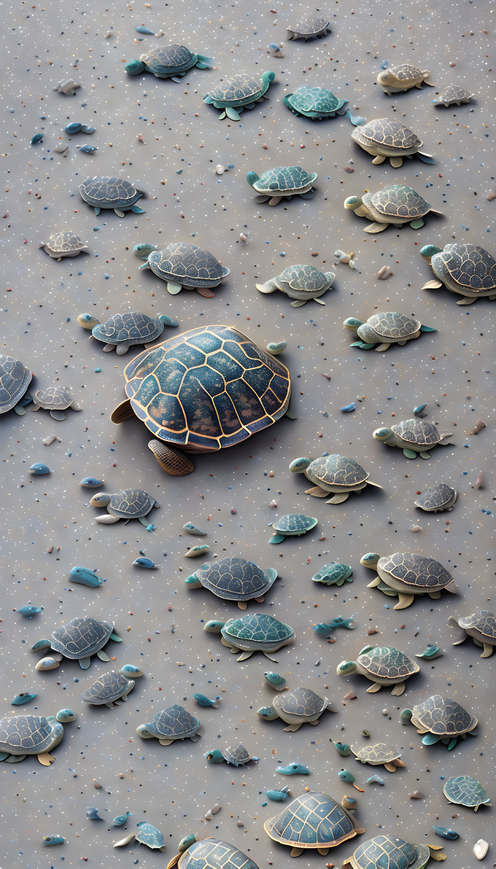 Multiple sea turtles of various sizes on sandy background