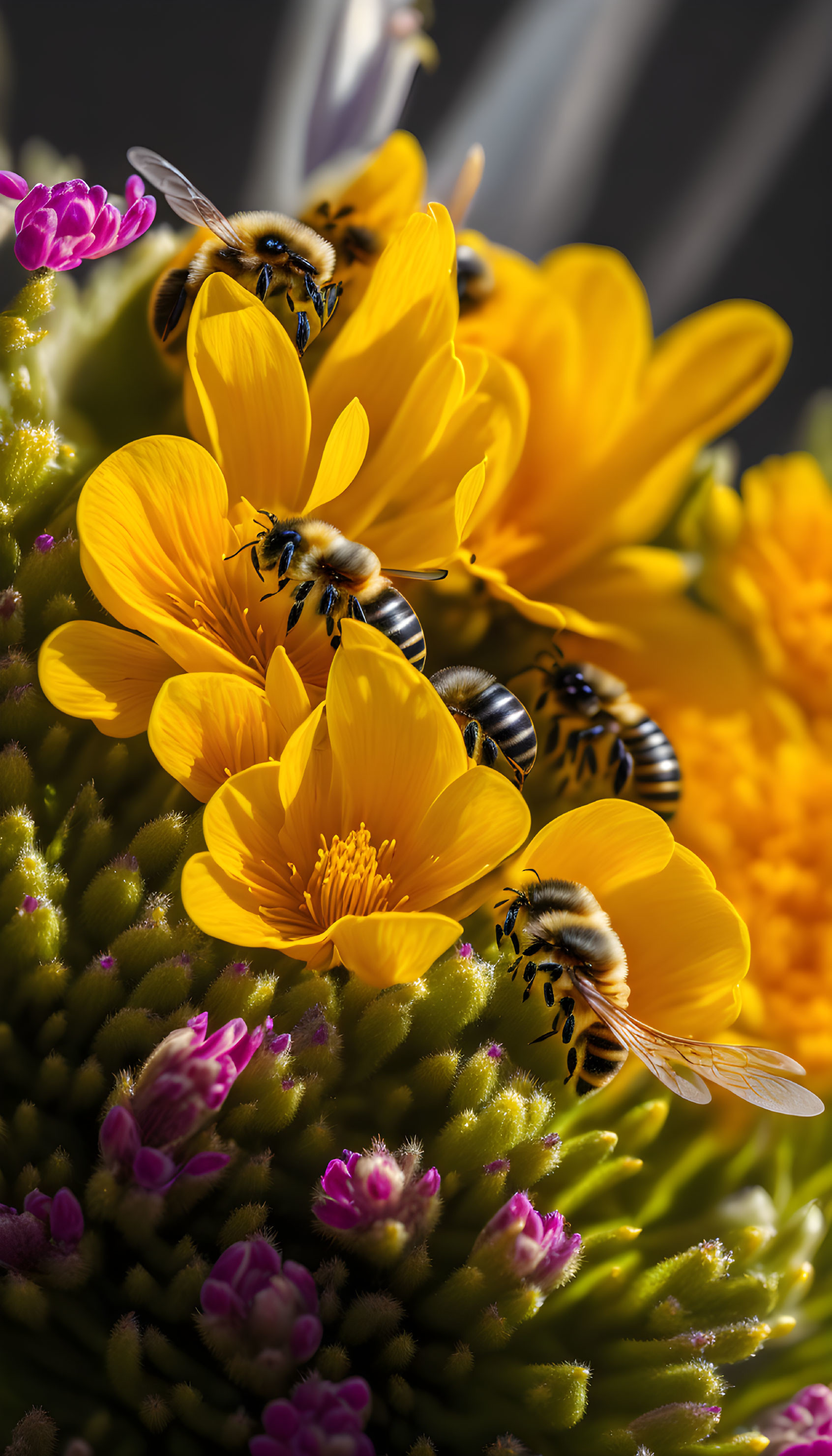 Bees pollinating yellow flowers under sunlight shadows