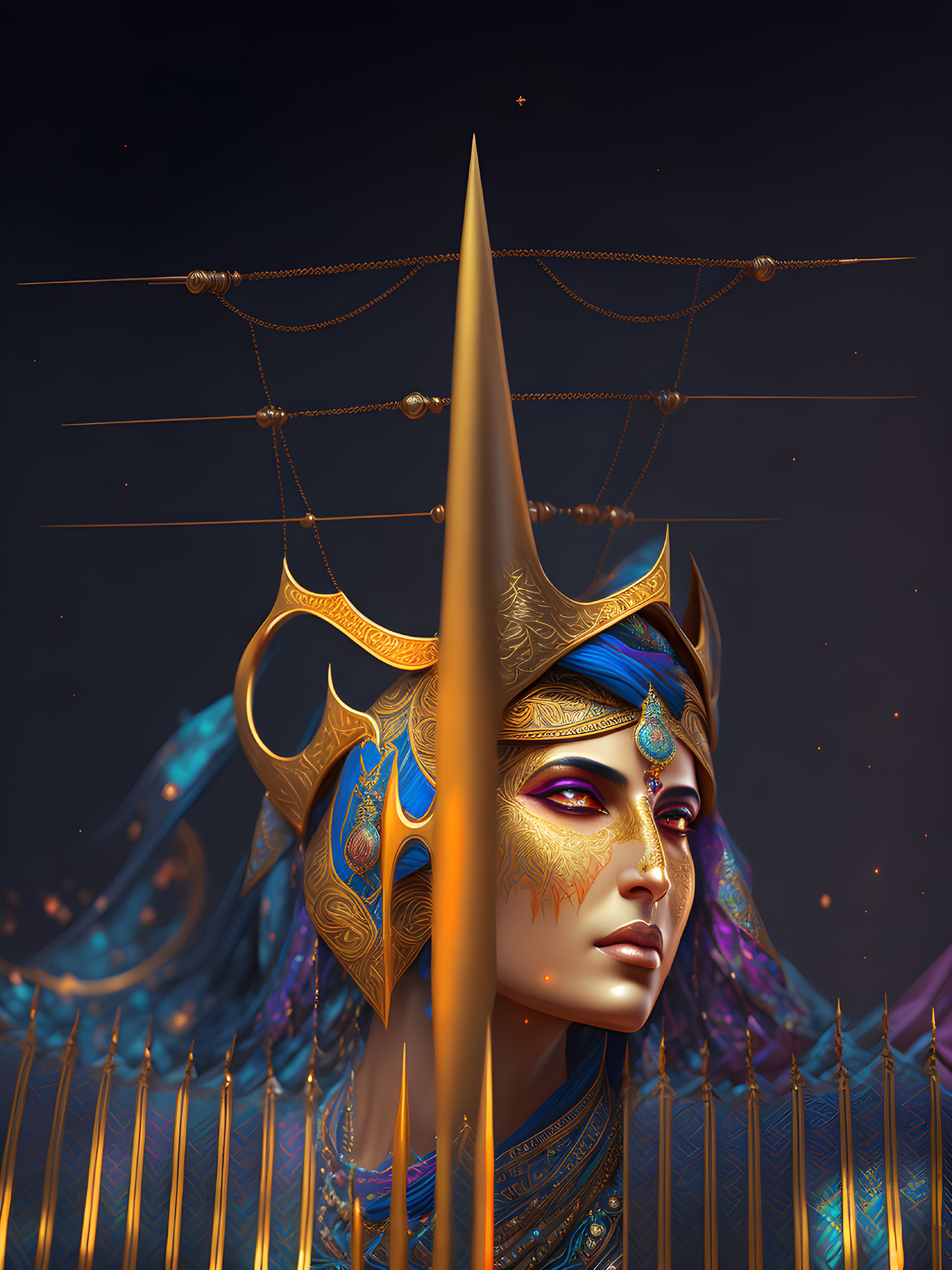 Stylized digital artwork of blue-skinned female figure with ornate golden headdress