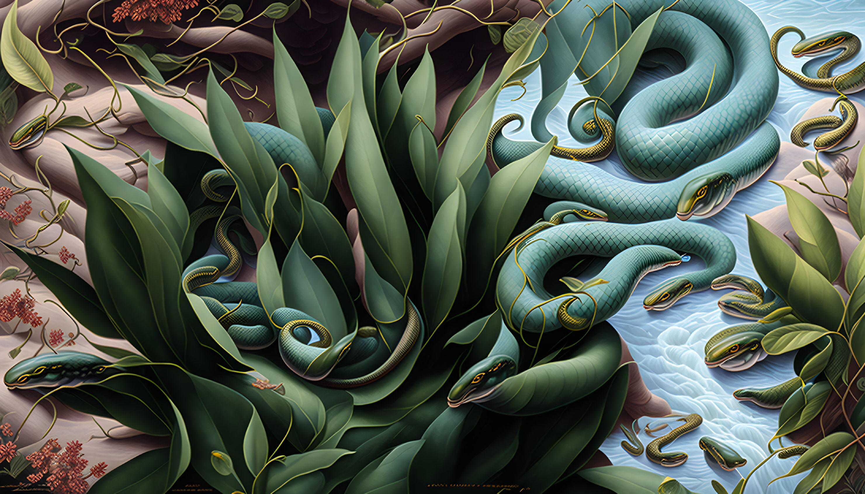 Detailed artwork: Serpentine creatures in lush tropical setting