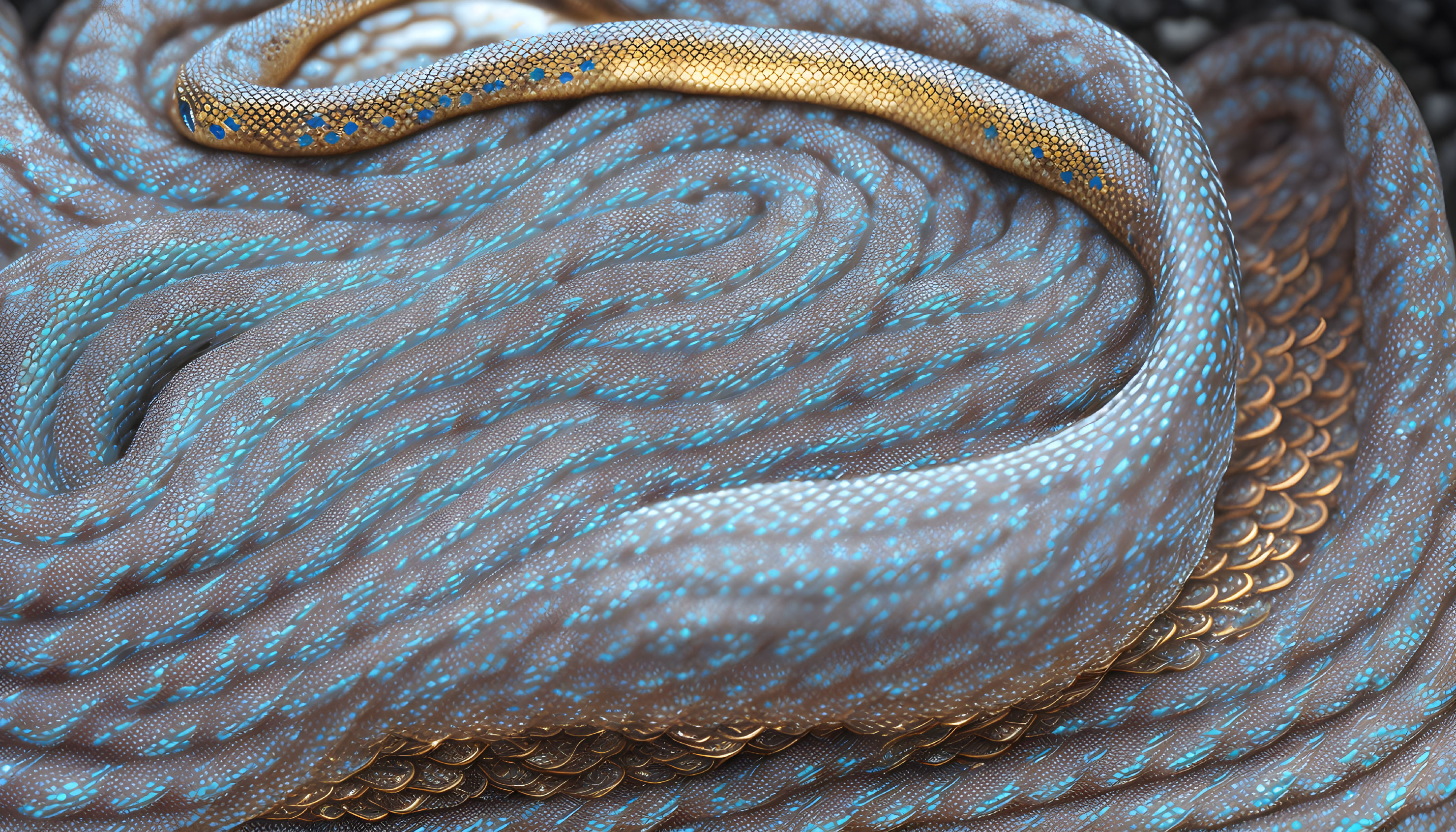 Detailed Close-Up of Textured Snake Coiling in Blue and Gold Hues