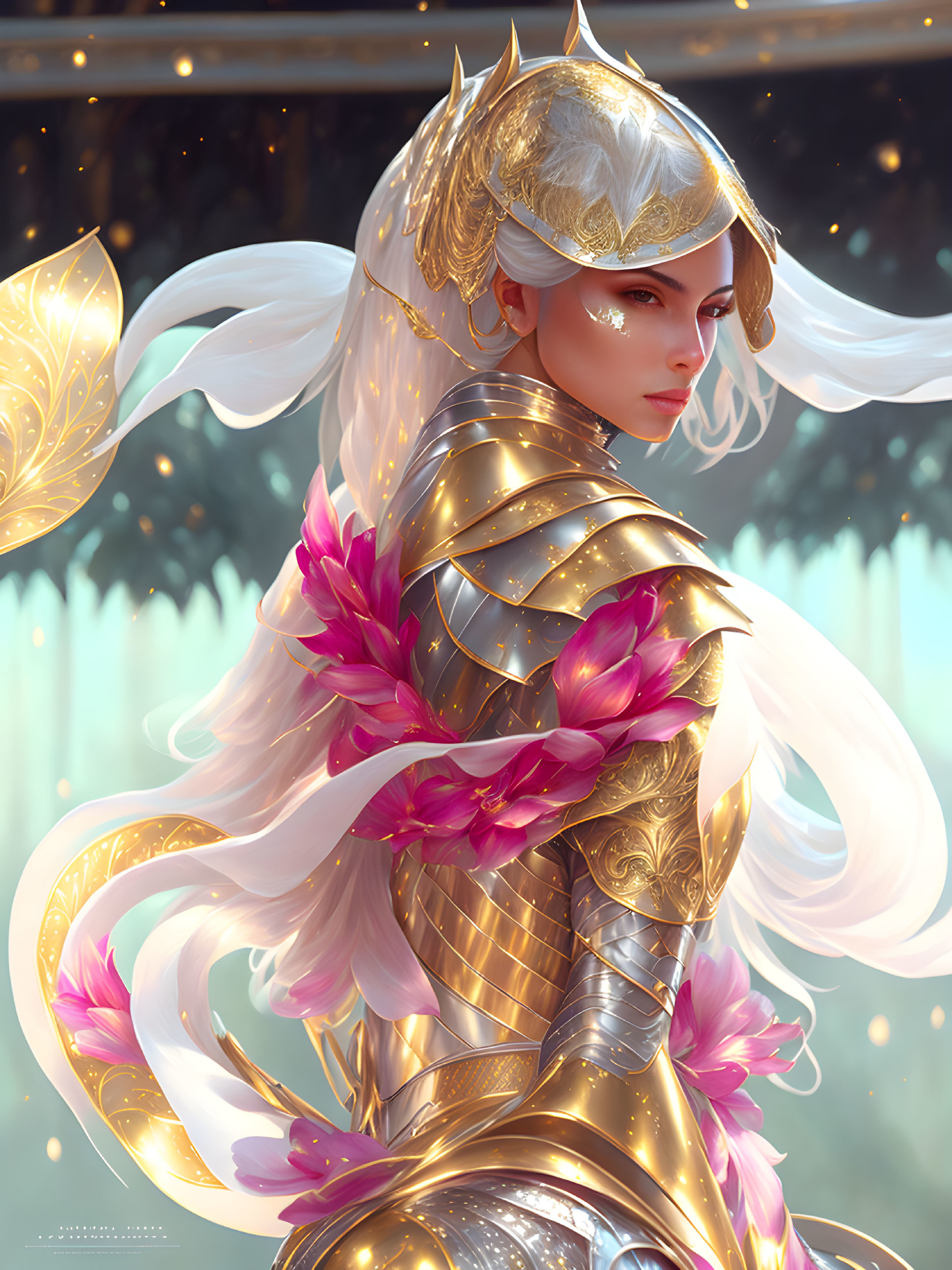 Ethereal female warrior in golden armor with white hair and pink flowers in magical forest