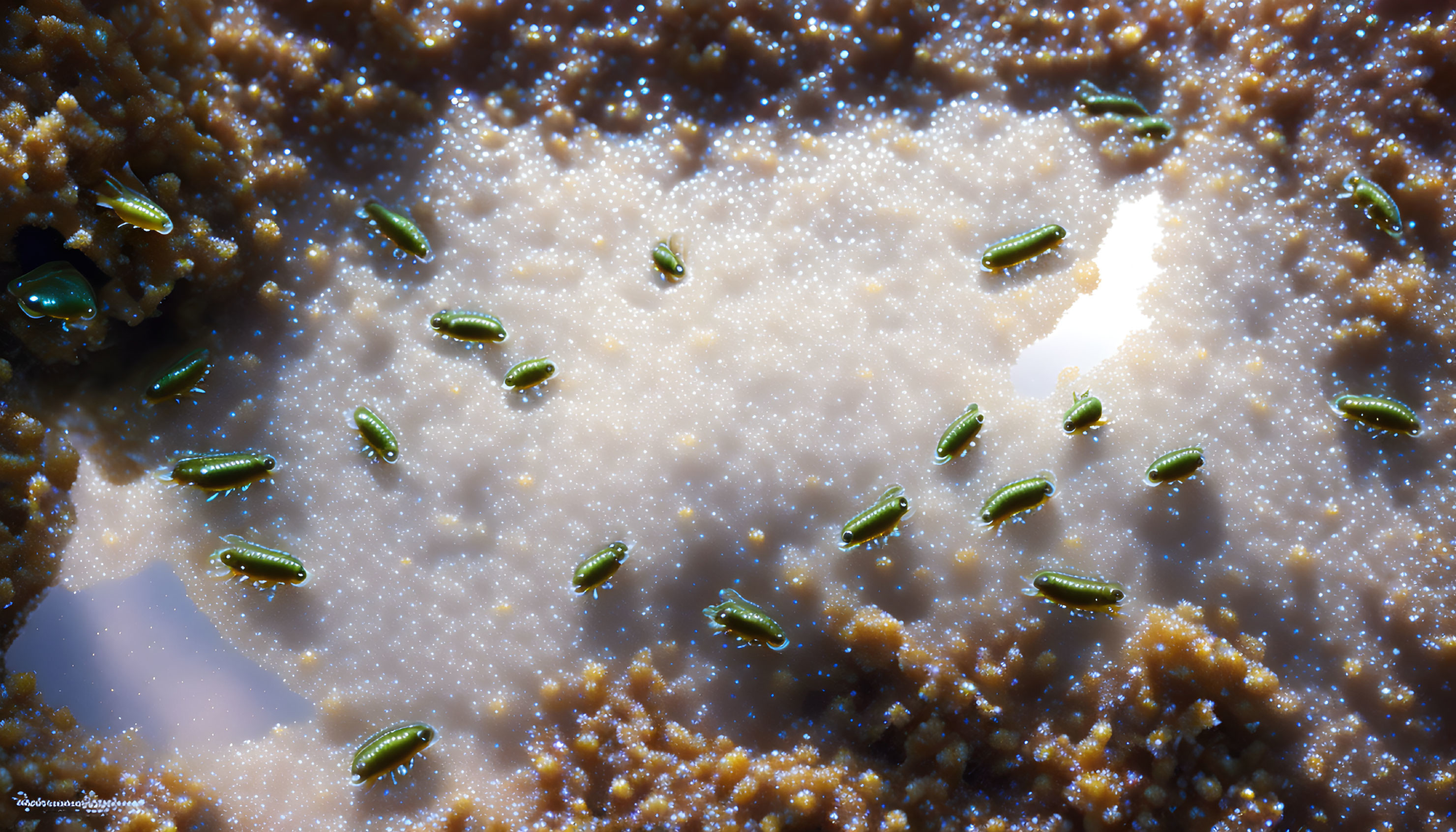 Microscopic View of Crystal-like Structures with Green Bacteria on Moist Surface