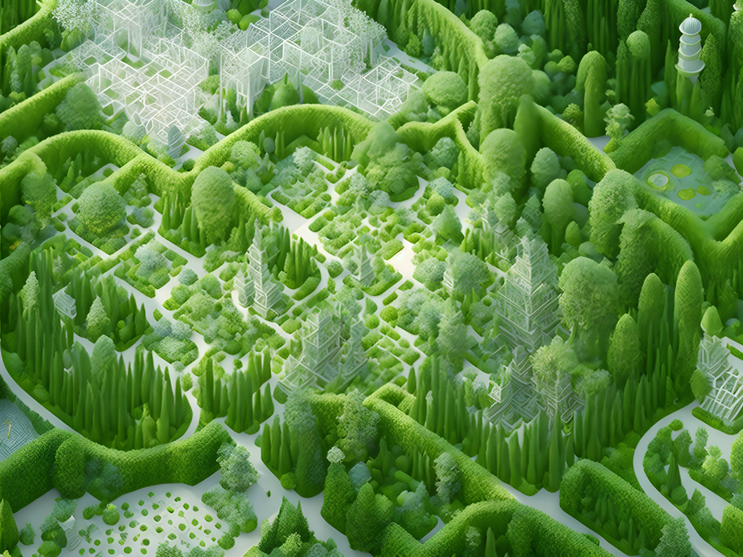 Abstract green landscape with stylized vegetation and wireframe structures