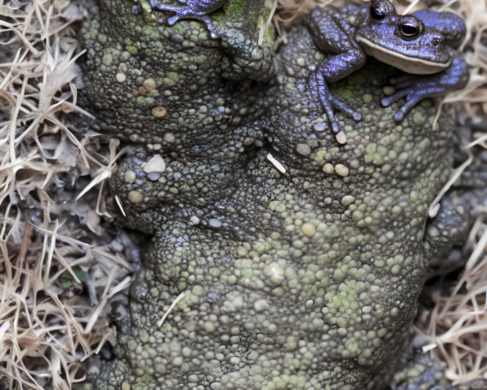 Four frogs on dry grass and leaves - small ones on a larger frog's back.