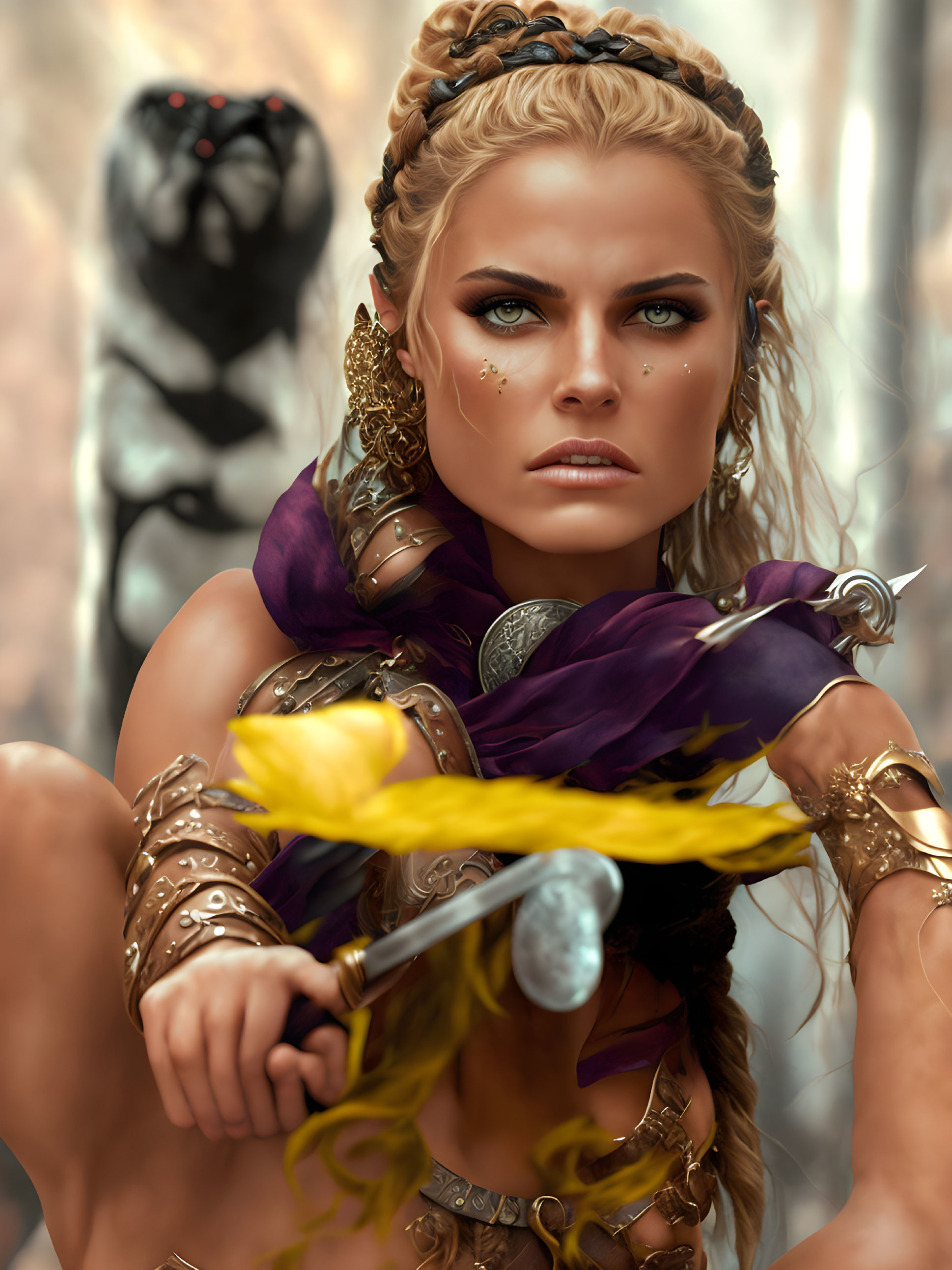 Warrior woman with blonde hair, golden armor, and sword, facing dark figure