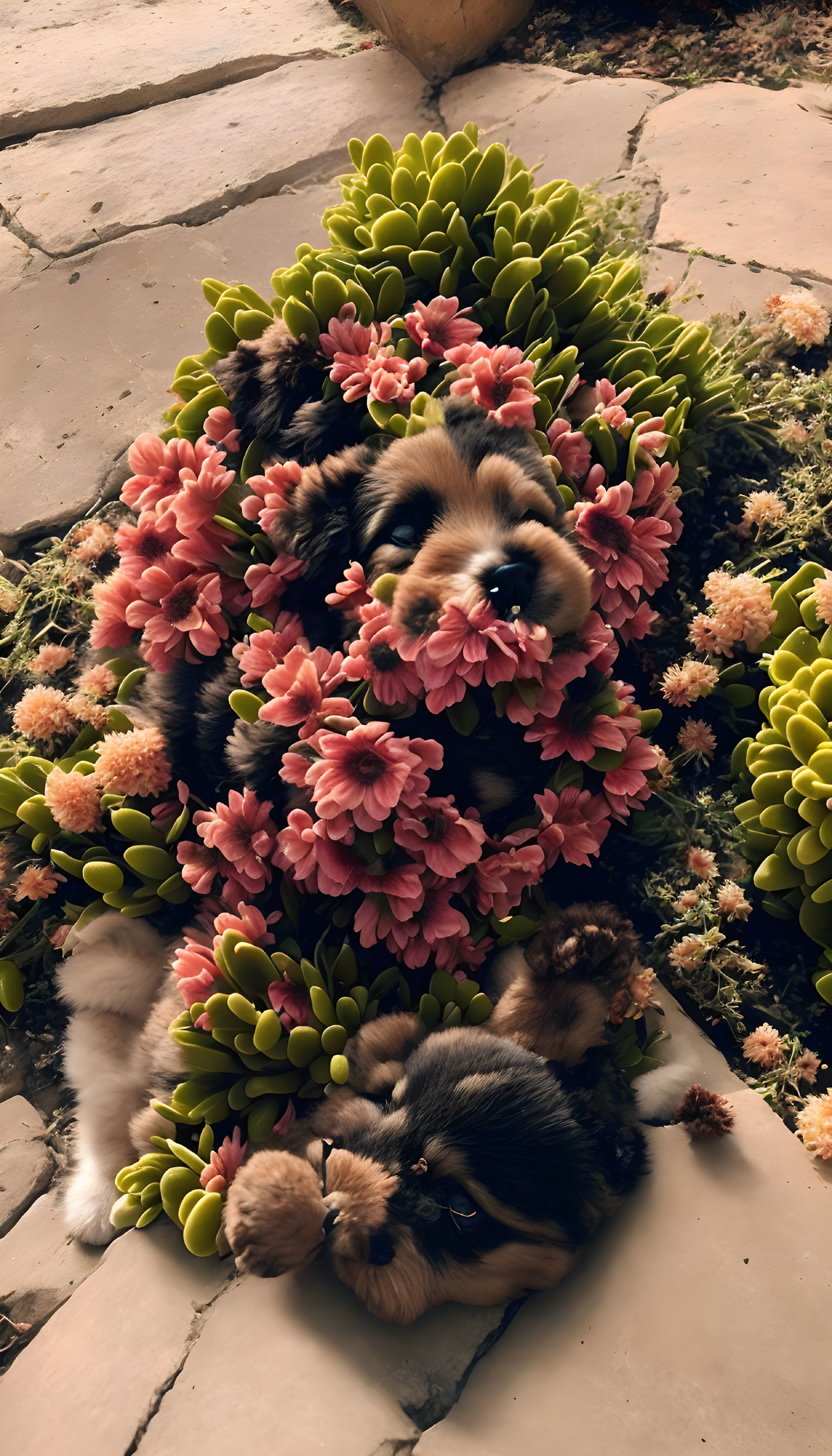 Adorable puppies in pink flower and succulent garden